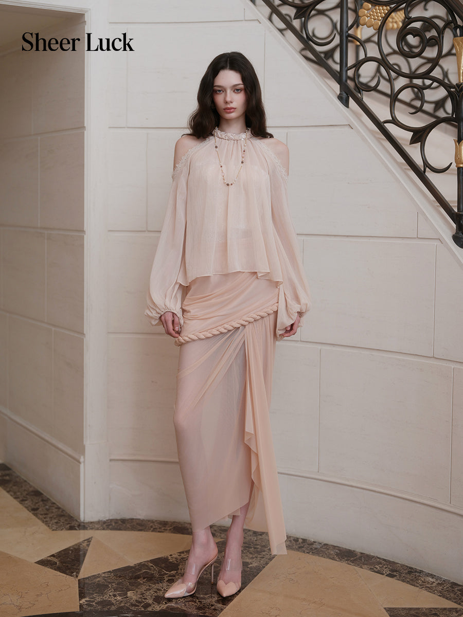 SHEERLUCK SLCS26732 Poesia Off-Shoulder Puff Chiffon Blouse-Creamy Apricot