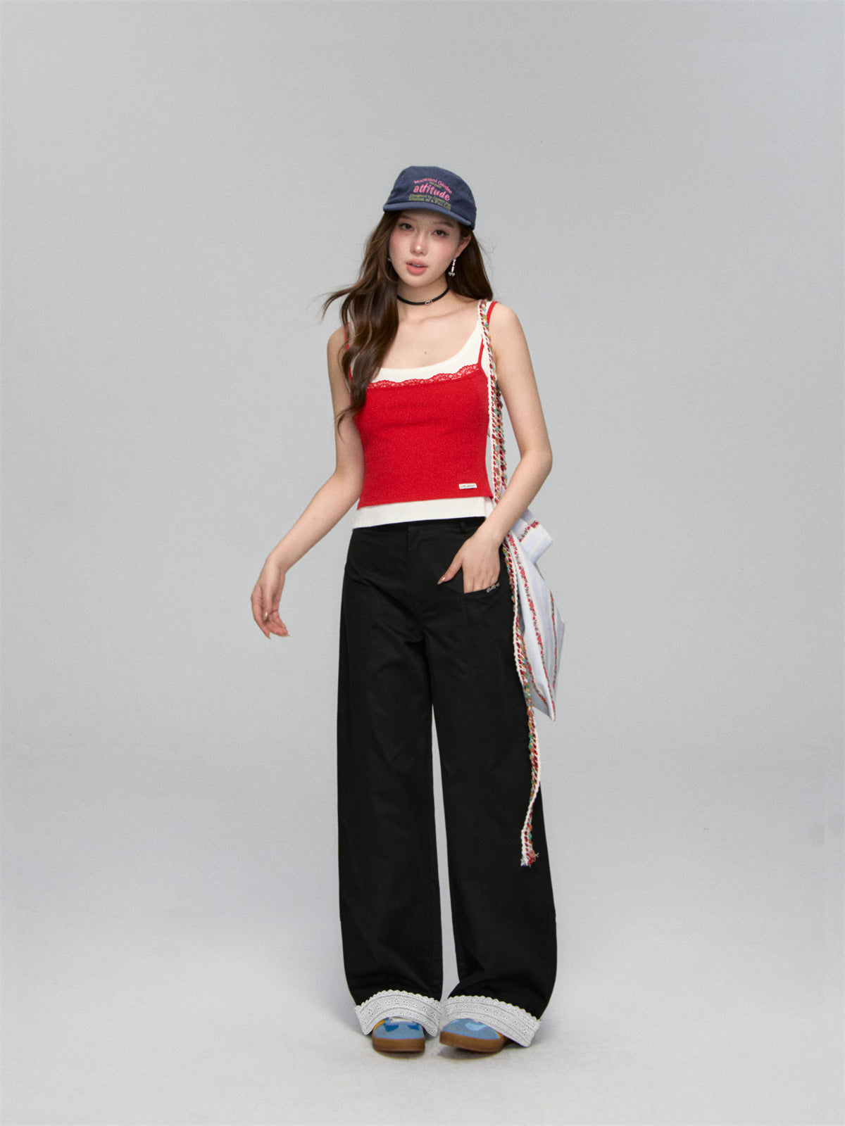 AsGony ASG25158 Flanging lace loose casual pants