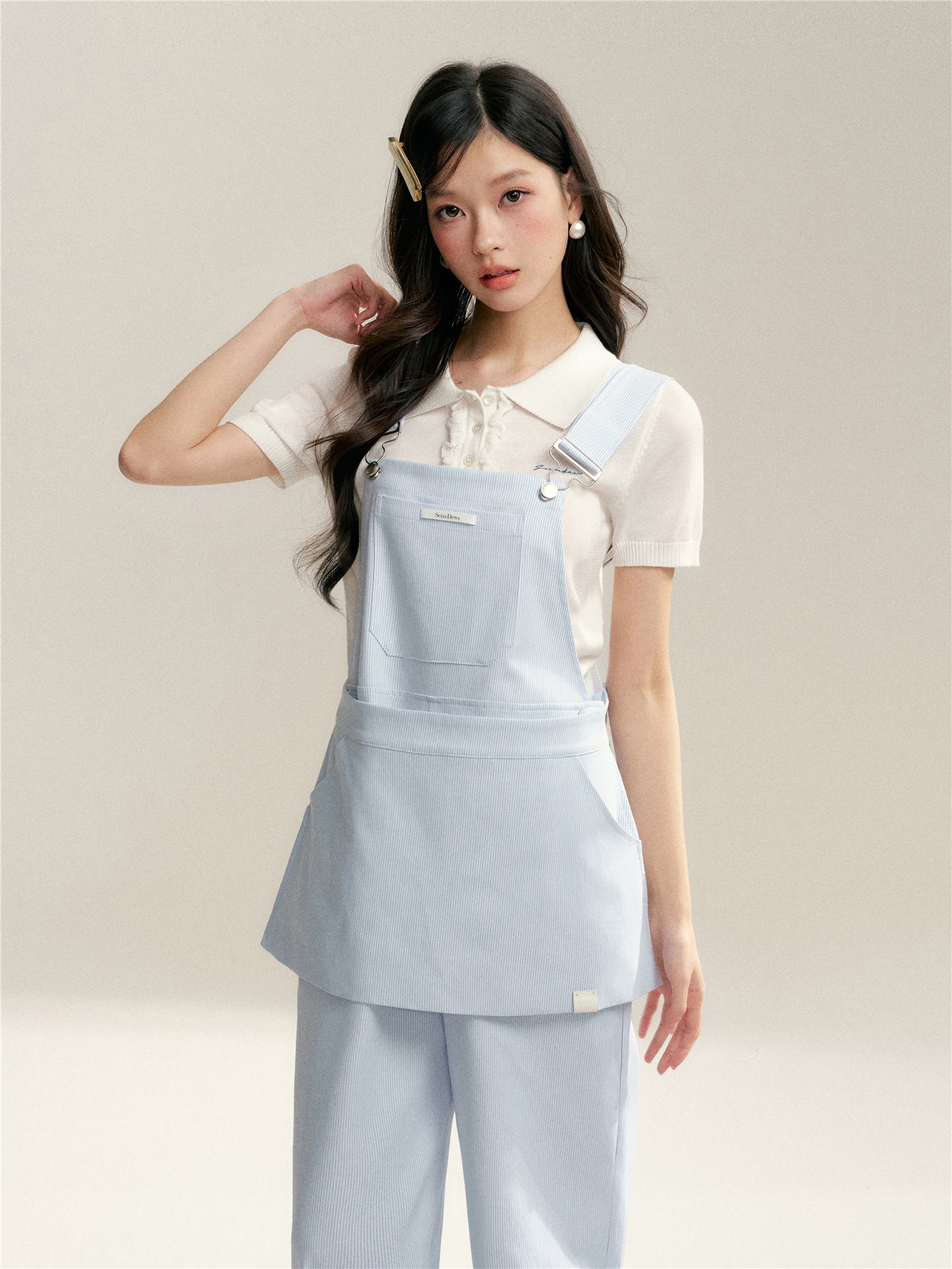 16DEWS 16D26061 Blue and white striped loose overalls