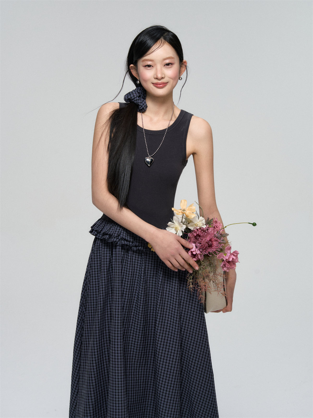 AsGony ASG25093 Color blocking plaid sleeveless dress