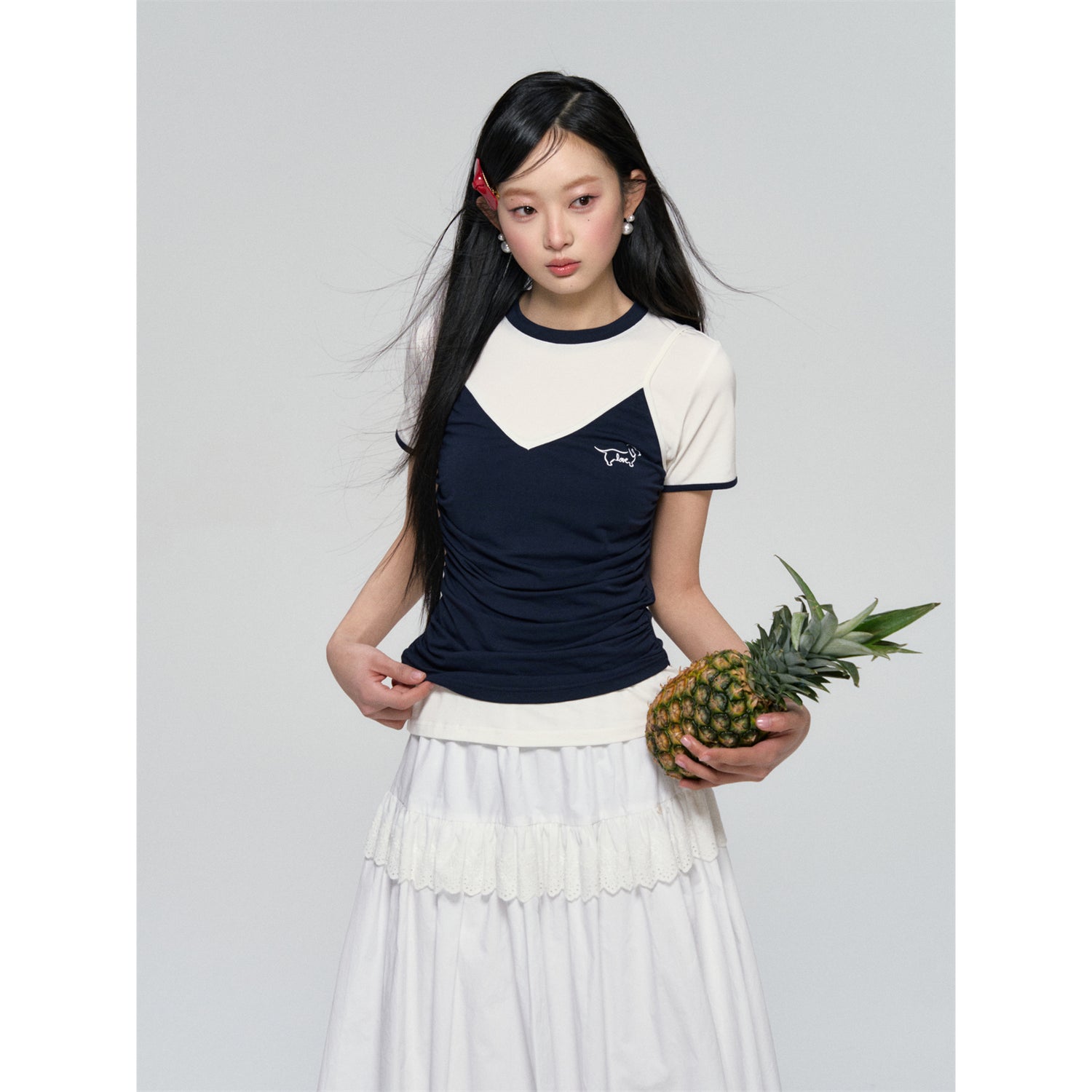 AsGony ASG25063 Color blocking strap style fake two-piece T-shirt