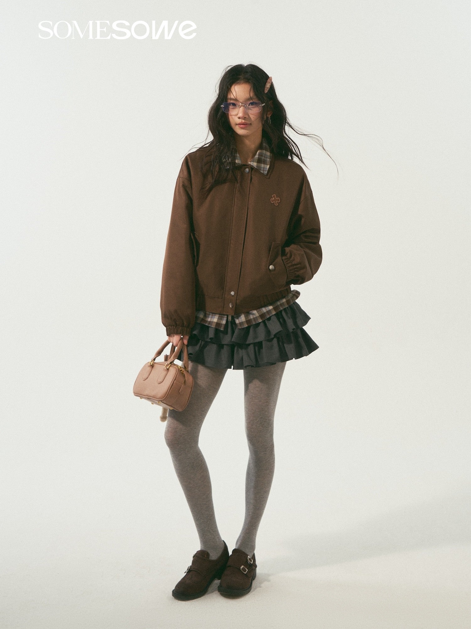 SOMESOWE S2509003 Double layered collar plaid spliced jacket