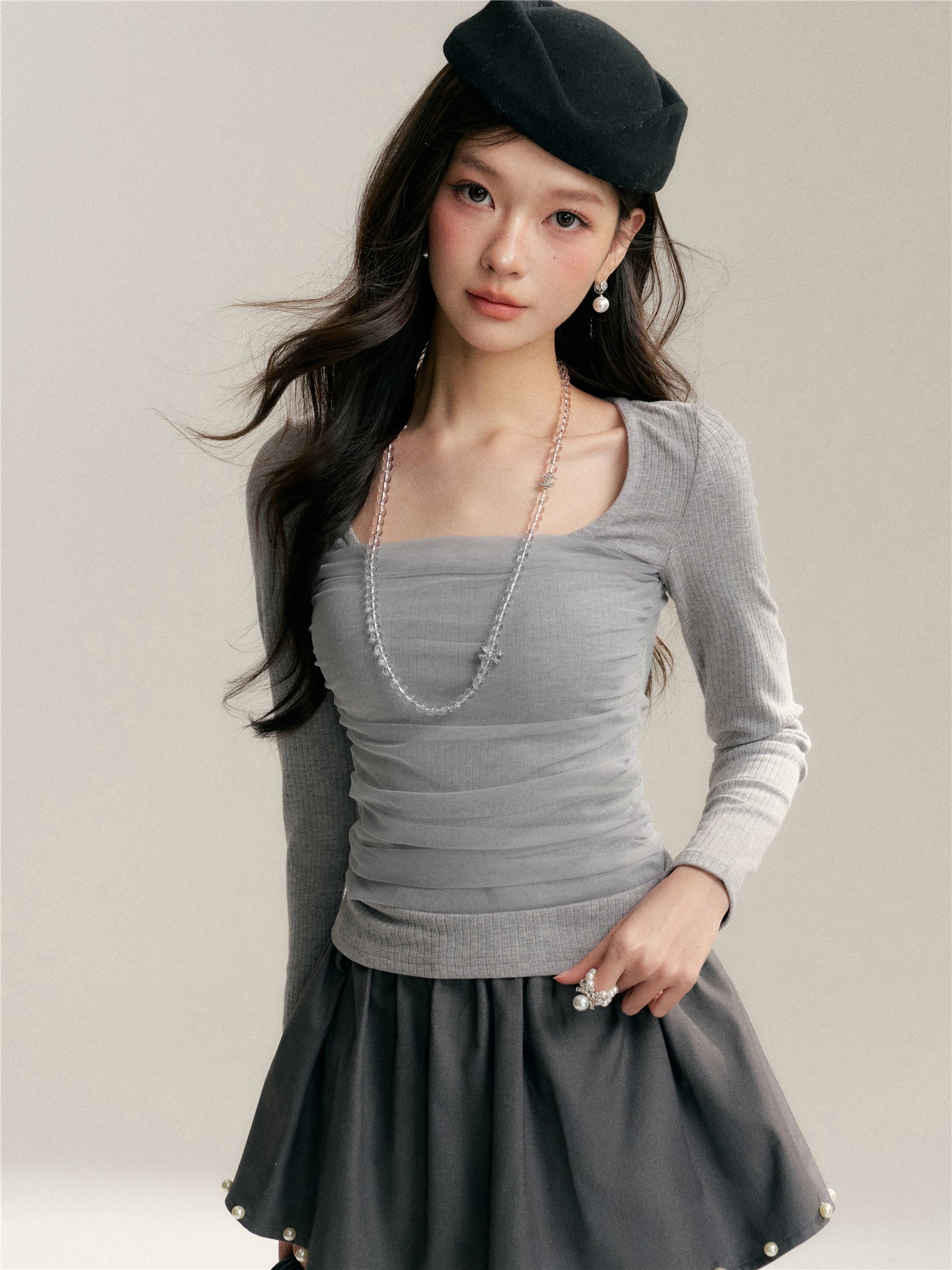 16DEWS 16D26050 Mesh splicing square collar design slim fit top