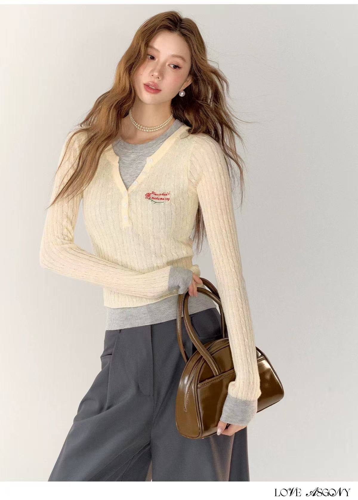 AsGony ASG24759 Embroidered fake two-piece top