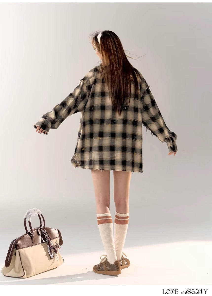 AsGony Label Grid Shirt & High Waist Jeans