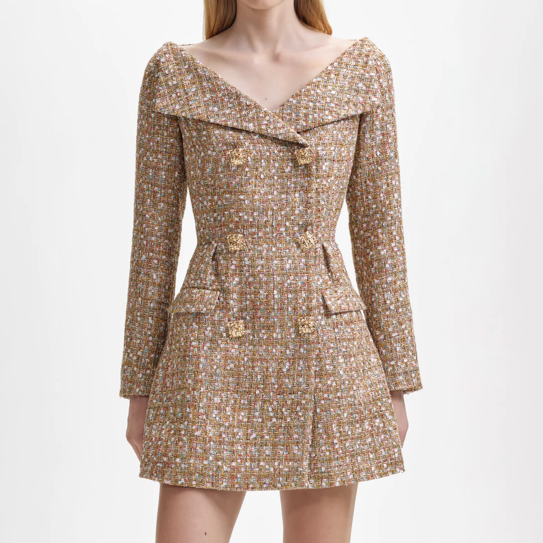 Self-Portrait Gold Tinsel Boucle Off Shoulder Mini Dress