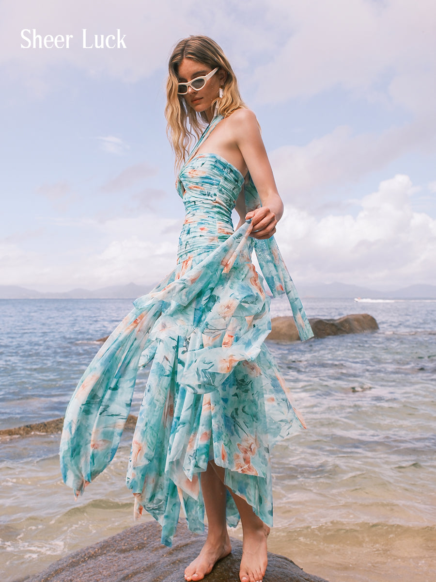 SHEERLUCK LYQ25601 Vacation style floral ribbon dress (2color)