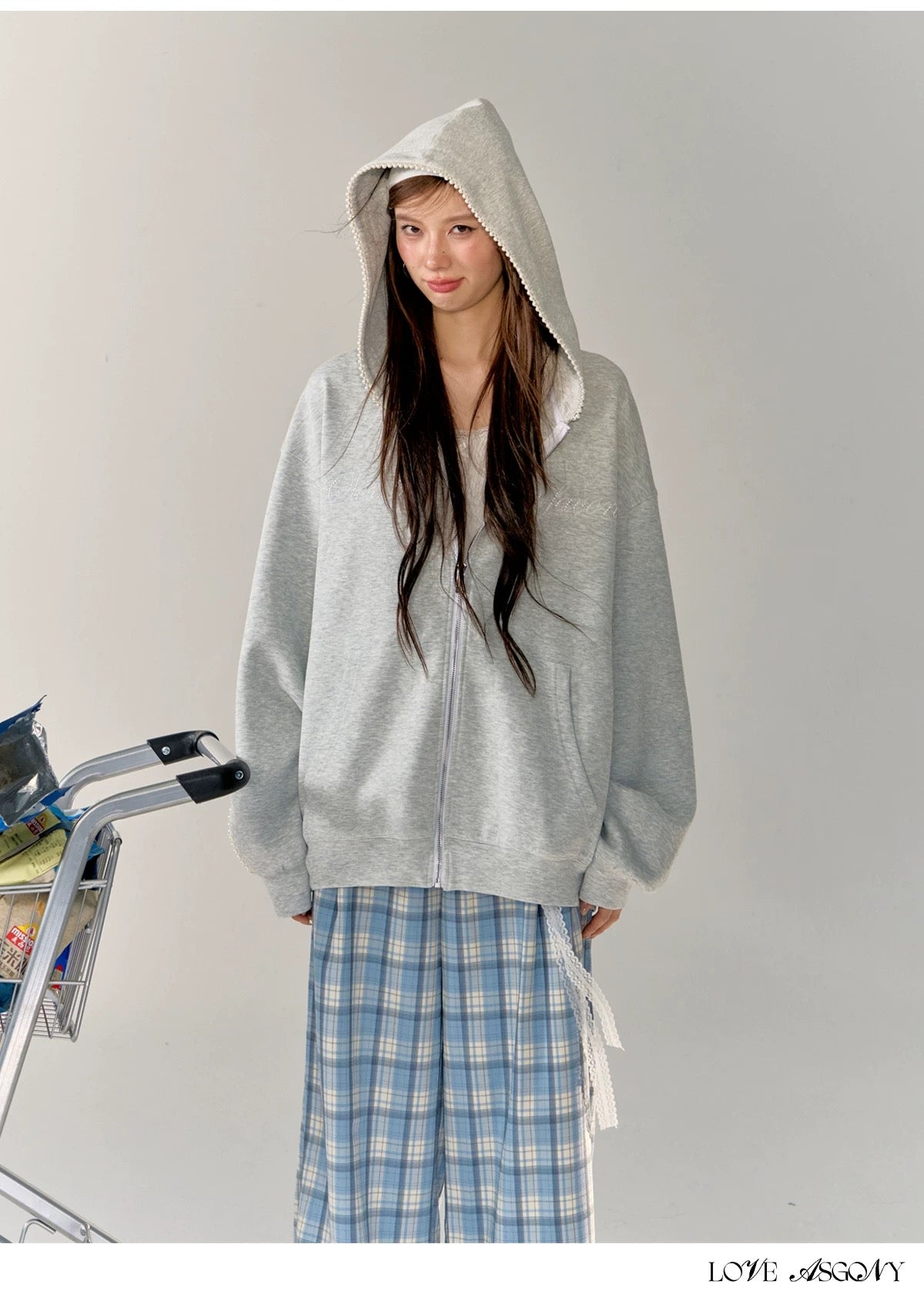 AsGony Grey Oversized Pearl Hoodie 24449