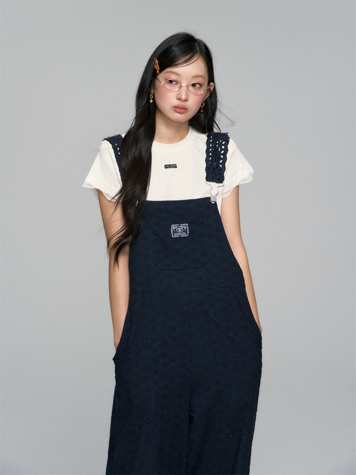 AsGony ASG25142 Flower hollow cotton loose overalls (2color)