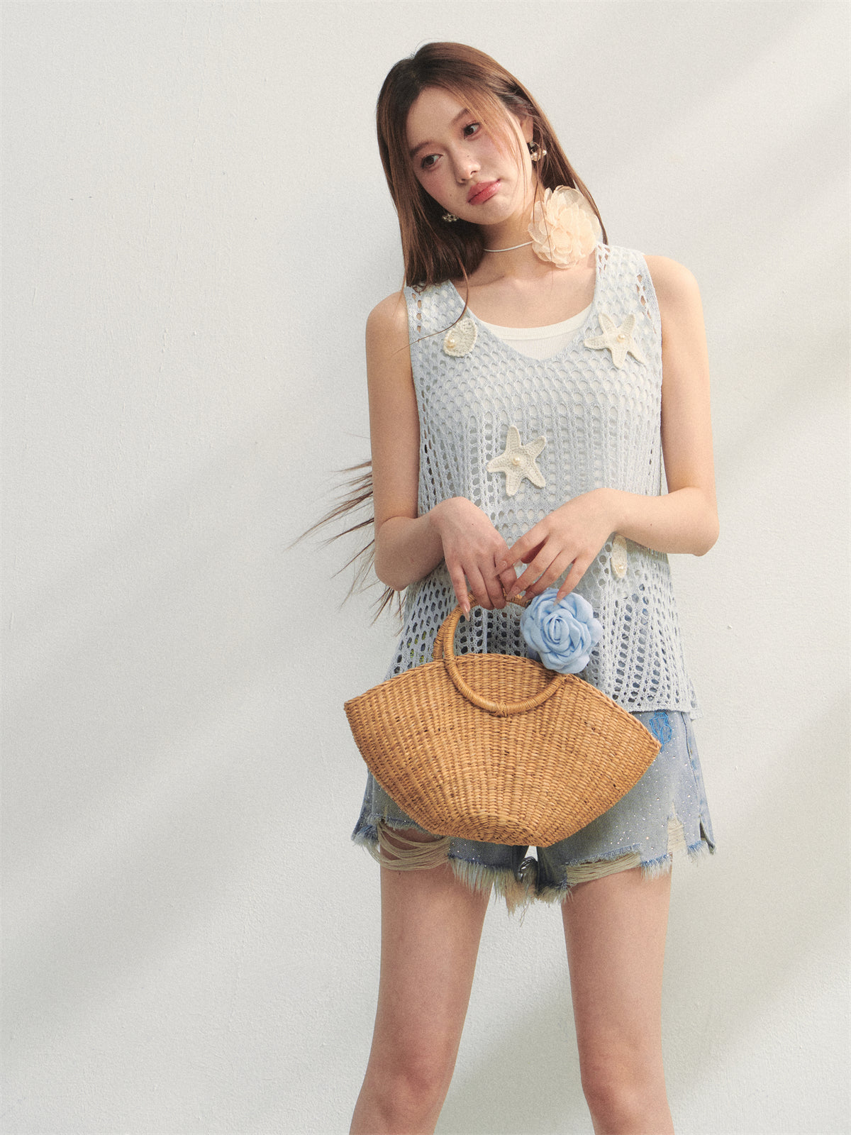 AsGony ASG25231 Ocean style pearl flower vest (2color)