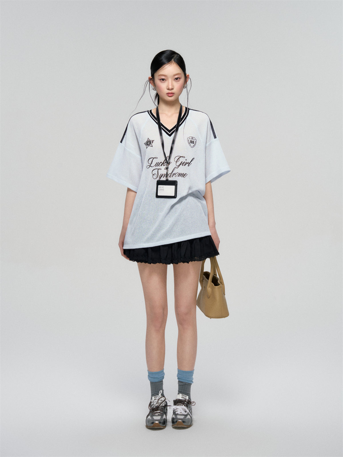 AsGony ASG25080 Jersey style contrasting ribbon T-shirt (2color)