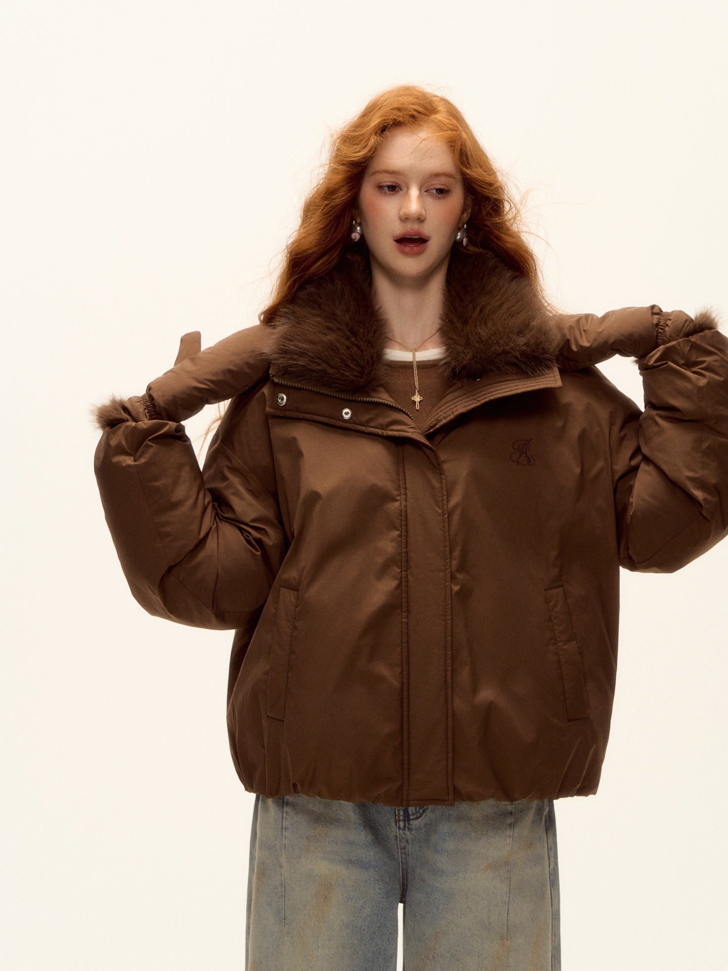 AsGony ASG25502 Detachable fur collar short down jacket