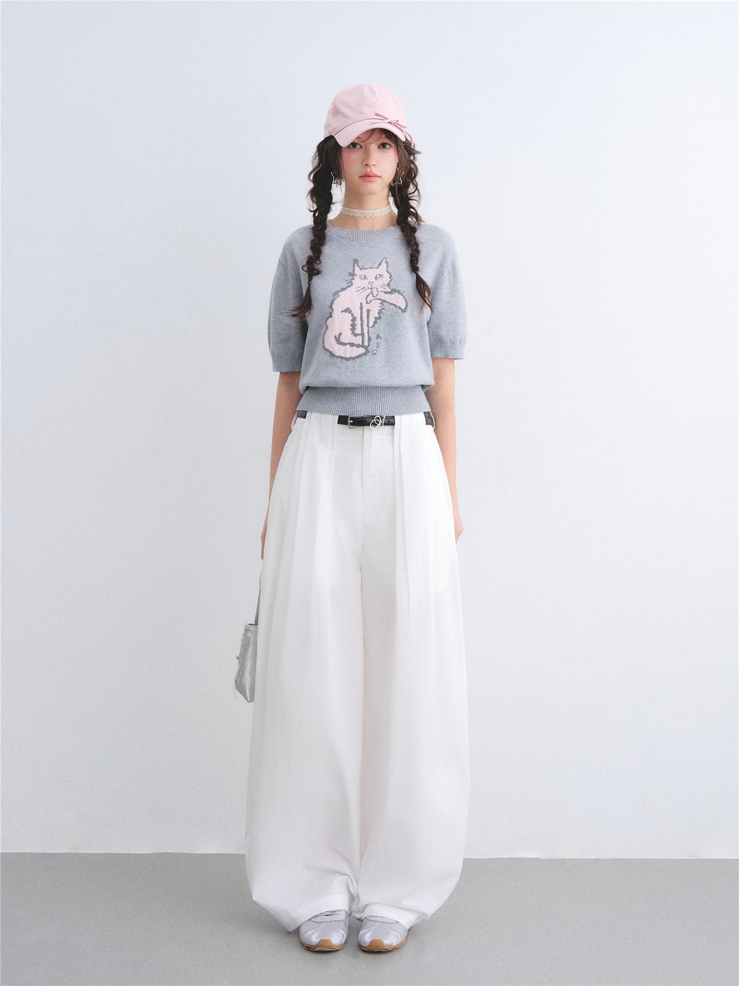 AsGony ASG26005 Round-neck jacquard cat print short-sleeved knit pullover