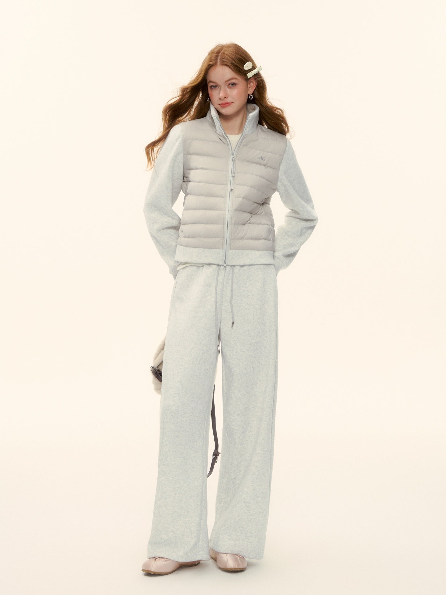 AsGony ASG25611&ASG25584 Splicing stand up collar pork rib down jacket + pants