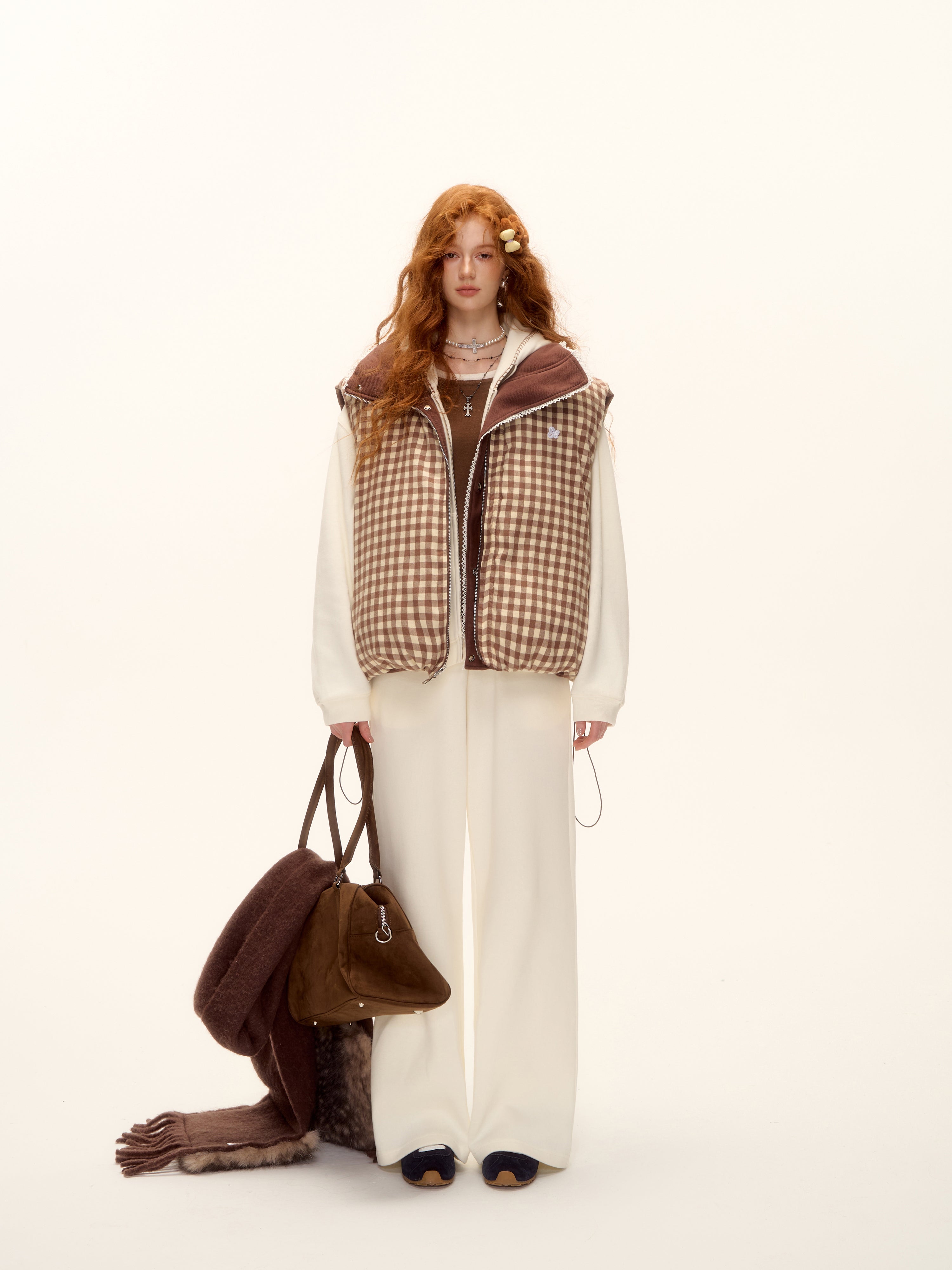 AsGony ASG25503 Double sided plaid lace patchwork vest