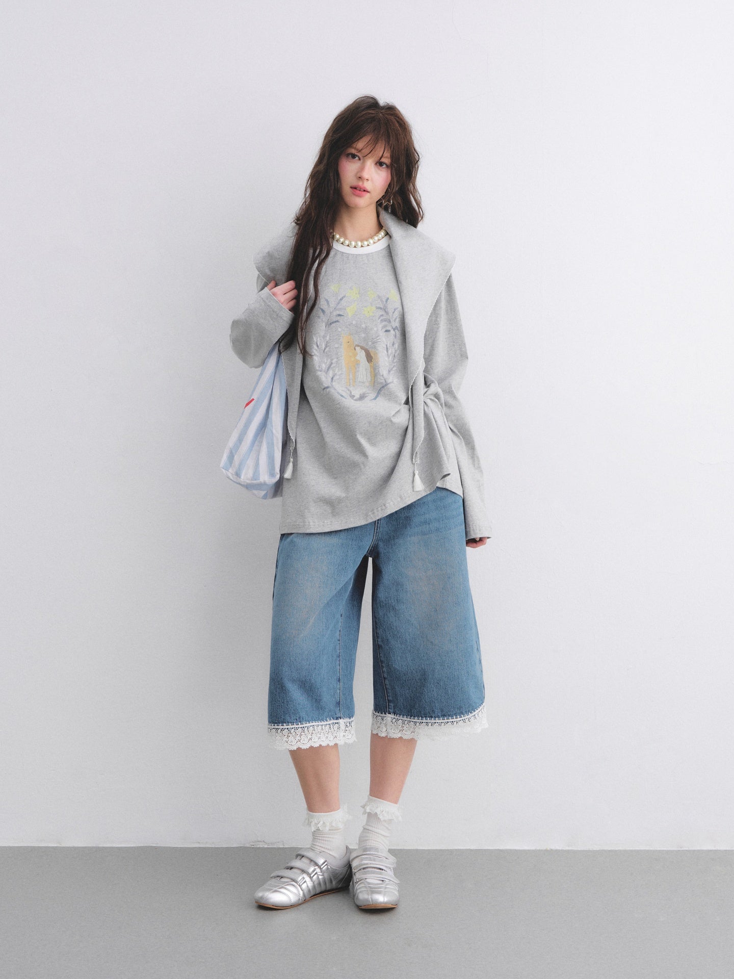 AsGony ASG26025 Triangle shawl pony print T-shirt two-piece set