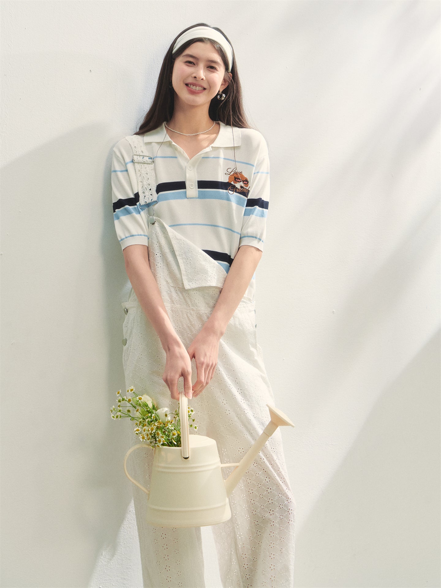 AsGony ASG25270 Puppy embroidery striped polo shirt