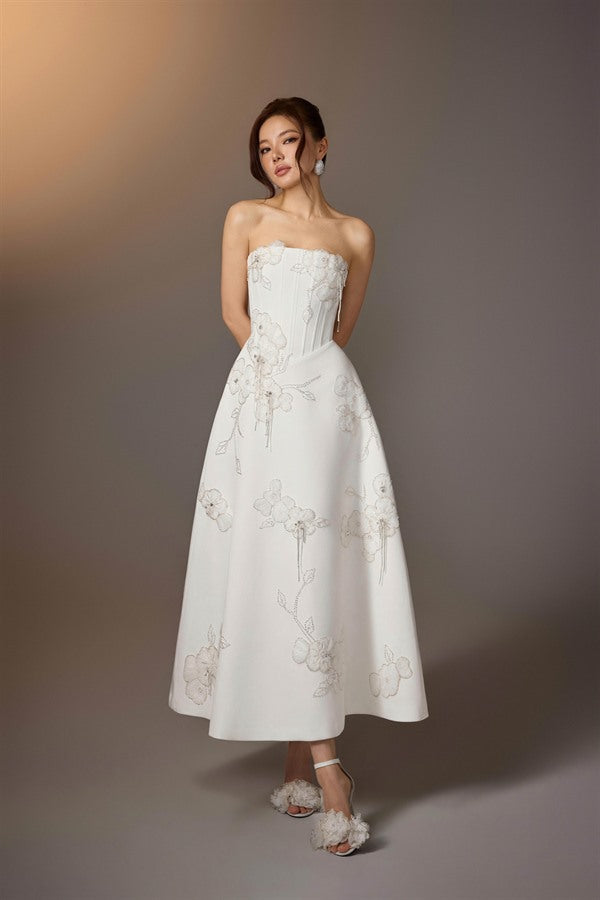 KEIRA TONG Floral Embroidered Corset Dress-White