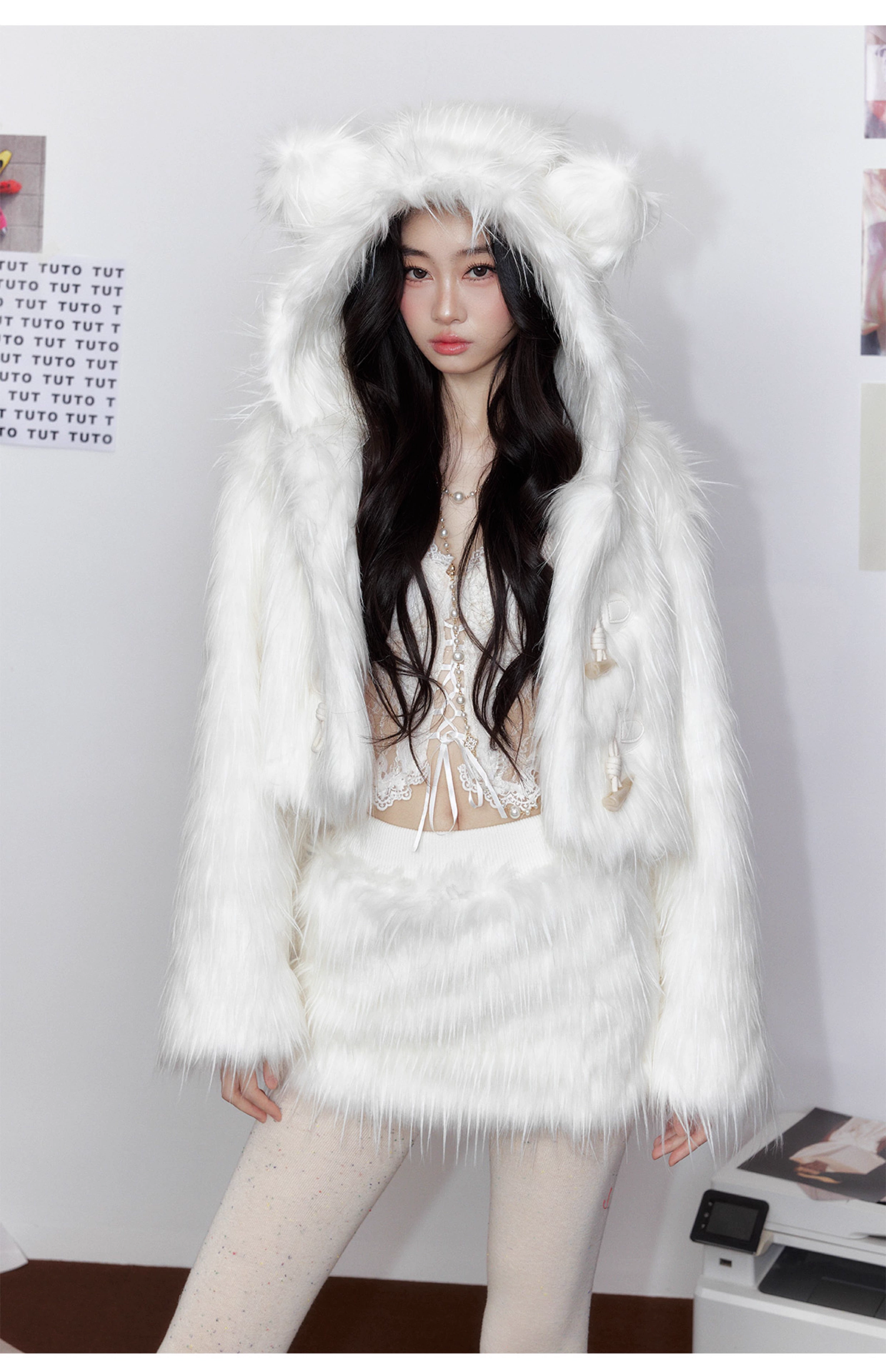 Tut tuto Cloud Bear hooded fur coat + skirt set