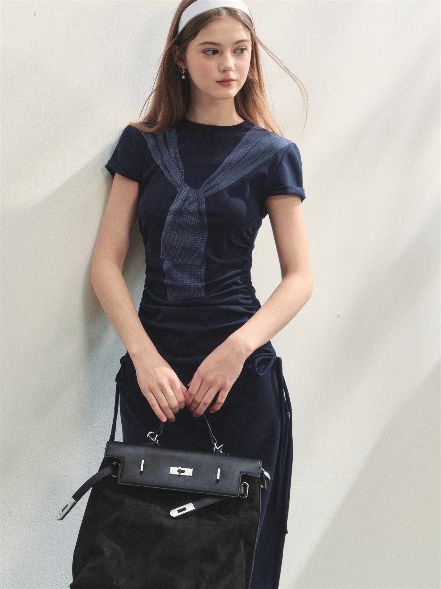 AsGony ASG25261 Printed strap waist cinching knitted dress (2color)