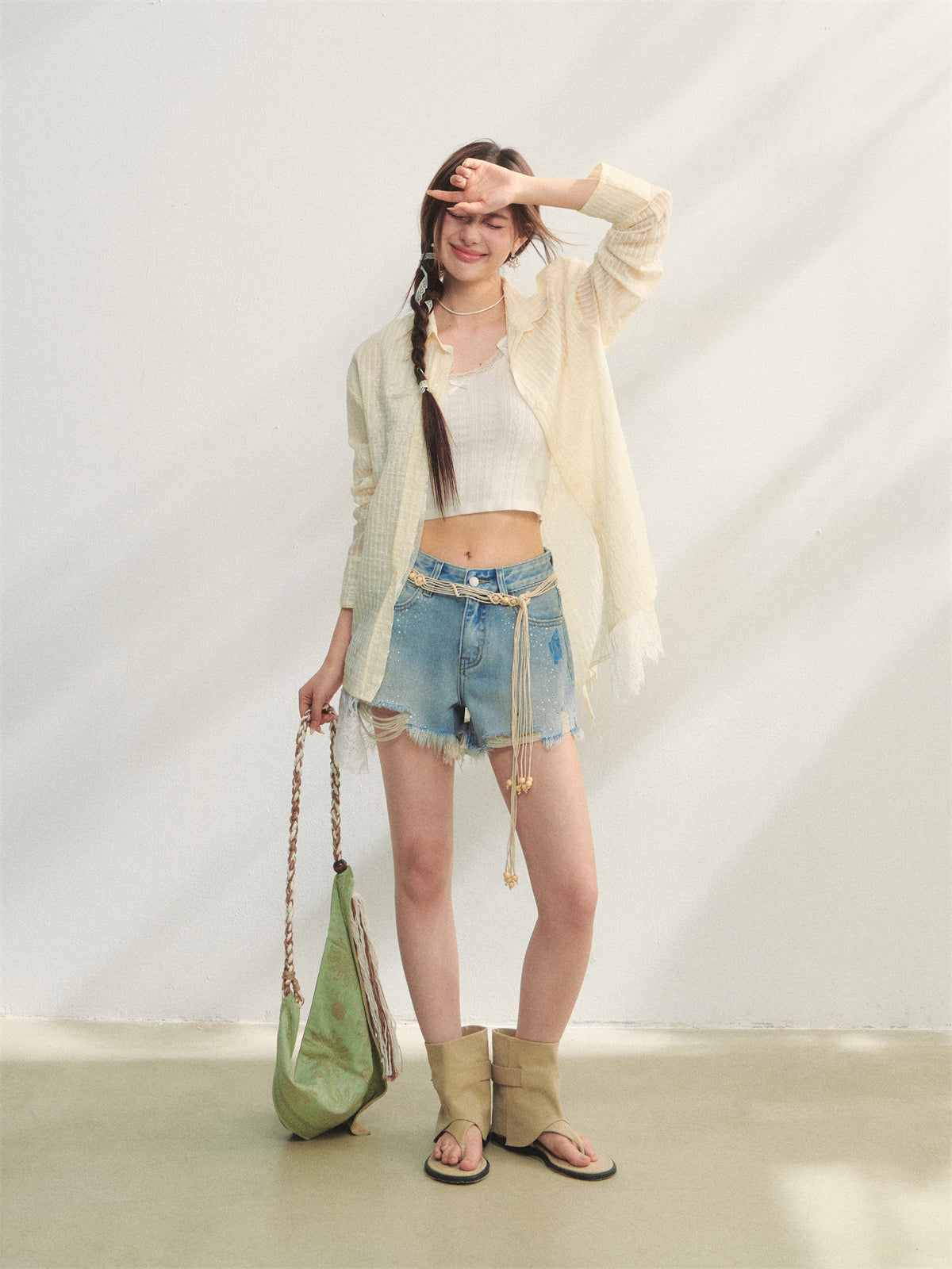 AsGony ASG25217 Striped lace patchwork long sleeved sunscreen shirt