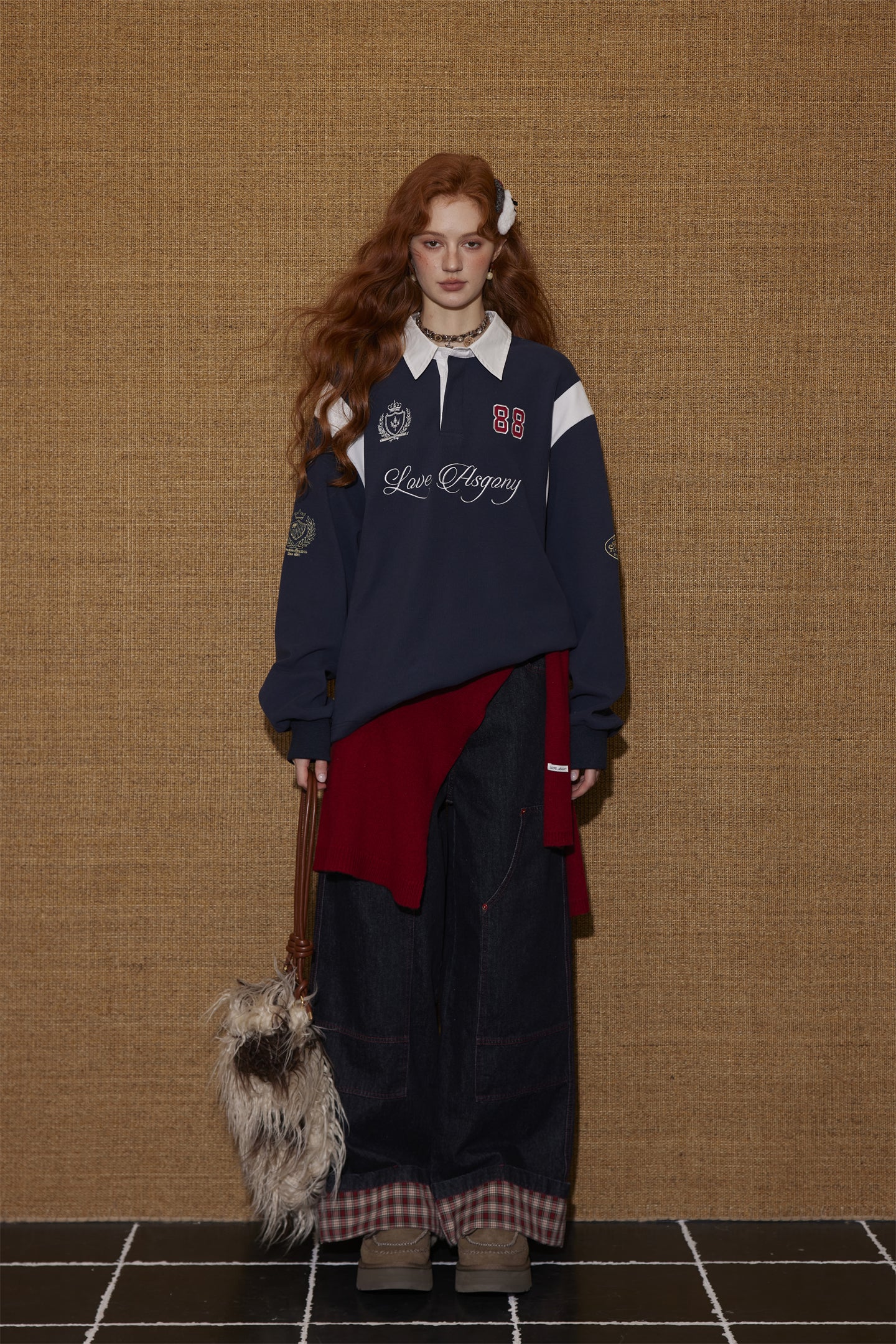 AsGony ASG25439 Color blocking shirt collar embroidered drawstring sweatshirt
