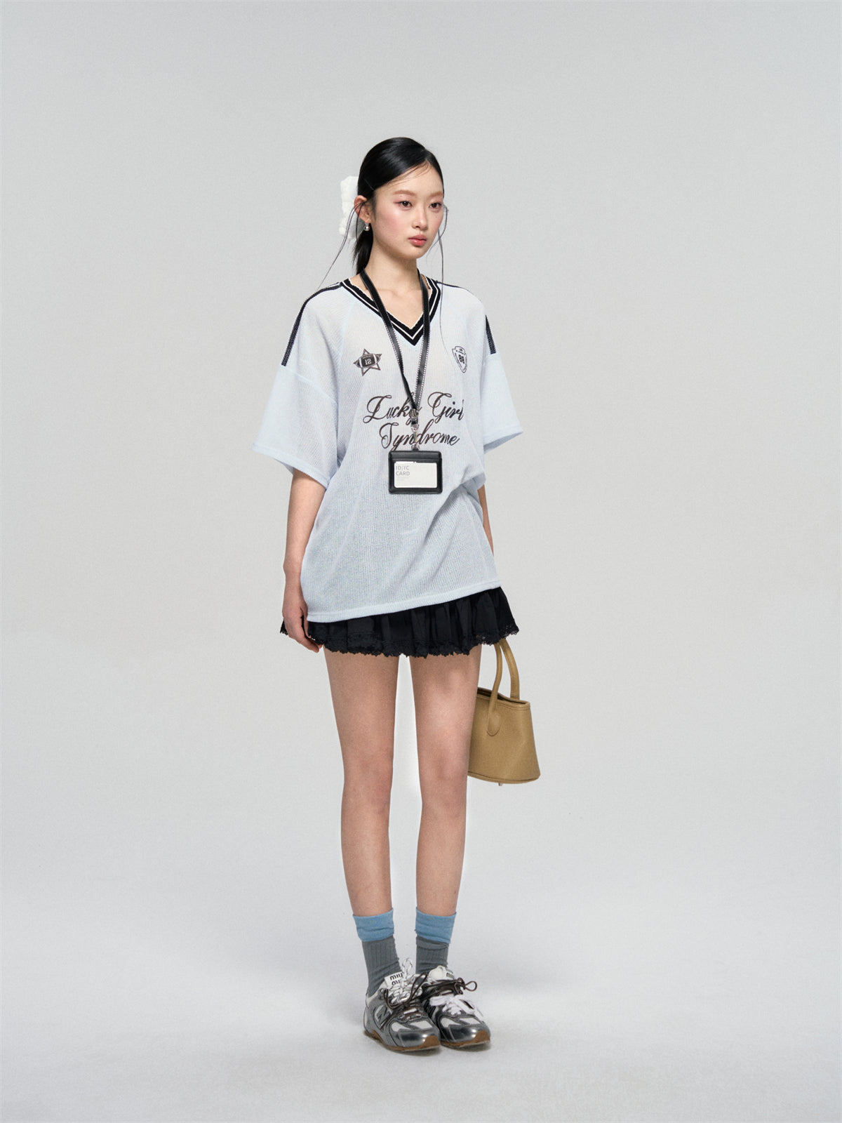 AsGony ASG25080 Jersey style contrasting ribbon T-shirt (2color)
