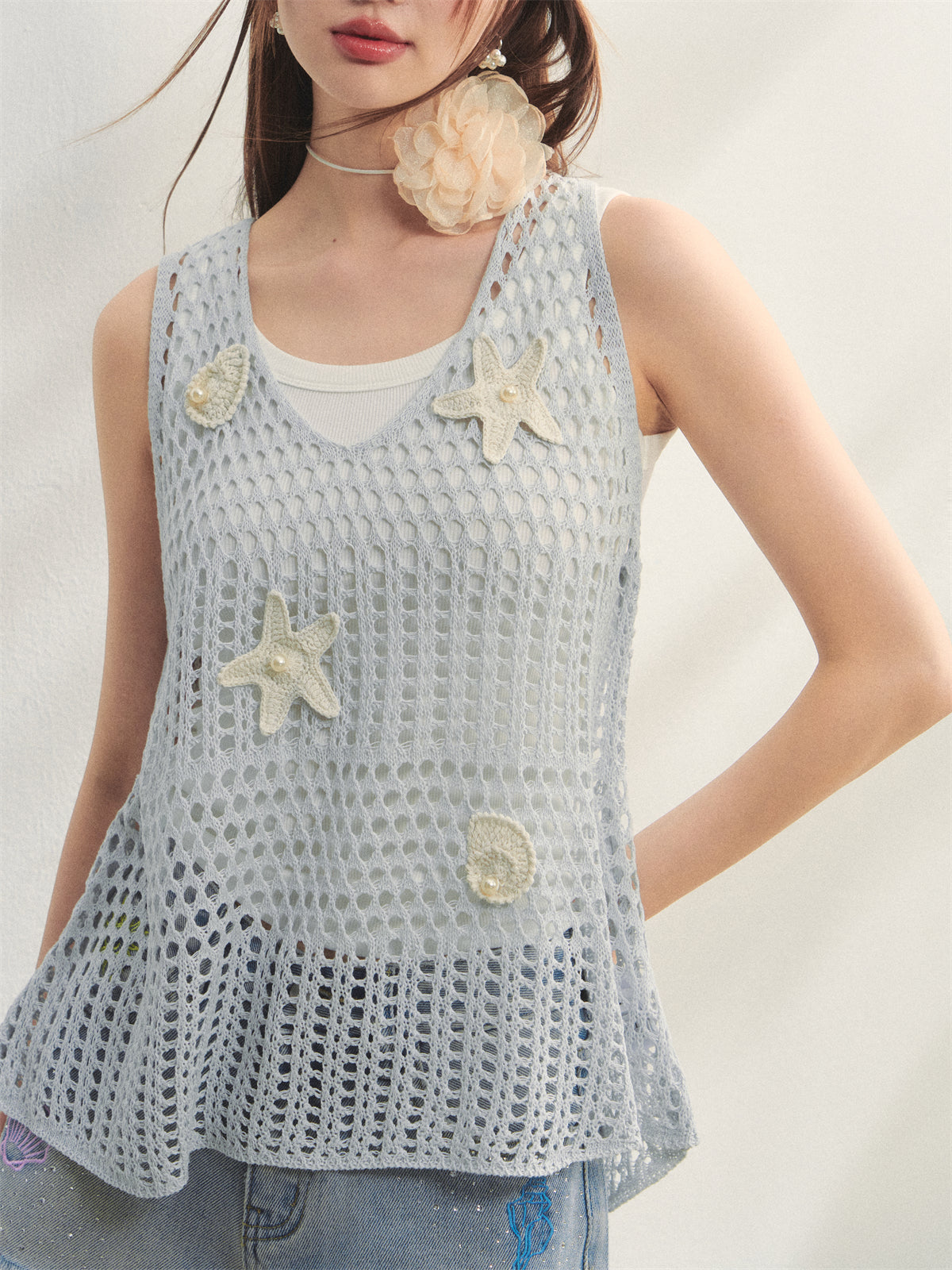 AsGony ASG25231 Ocean style pearl flower vest (2color)