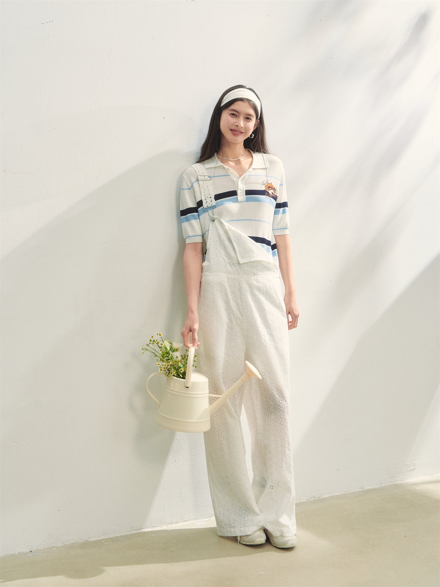 AsGony ASG25270 Puppy embroidery striped polo shirt