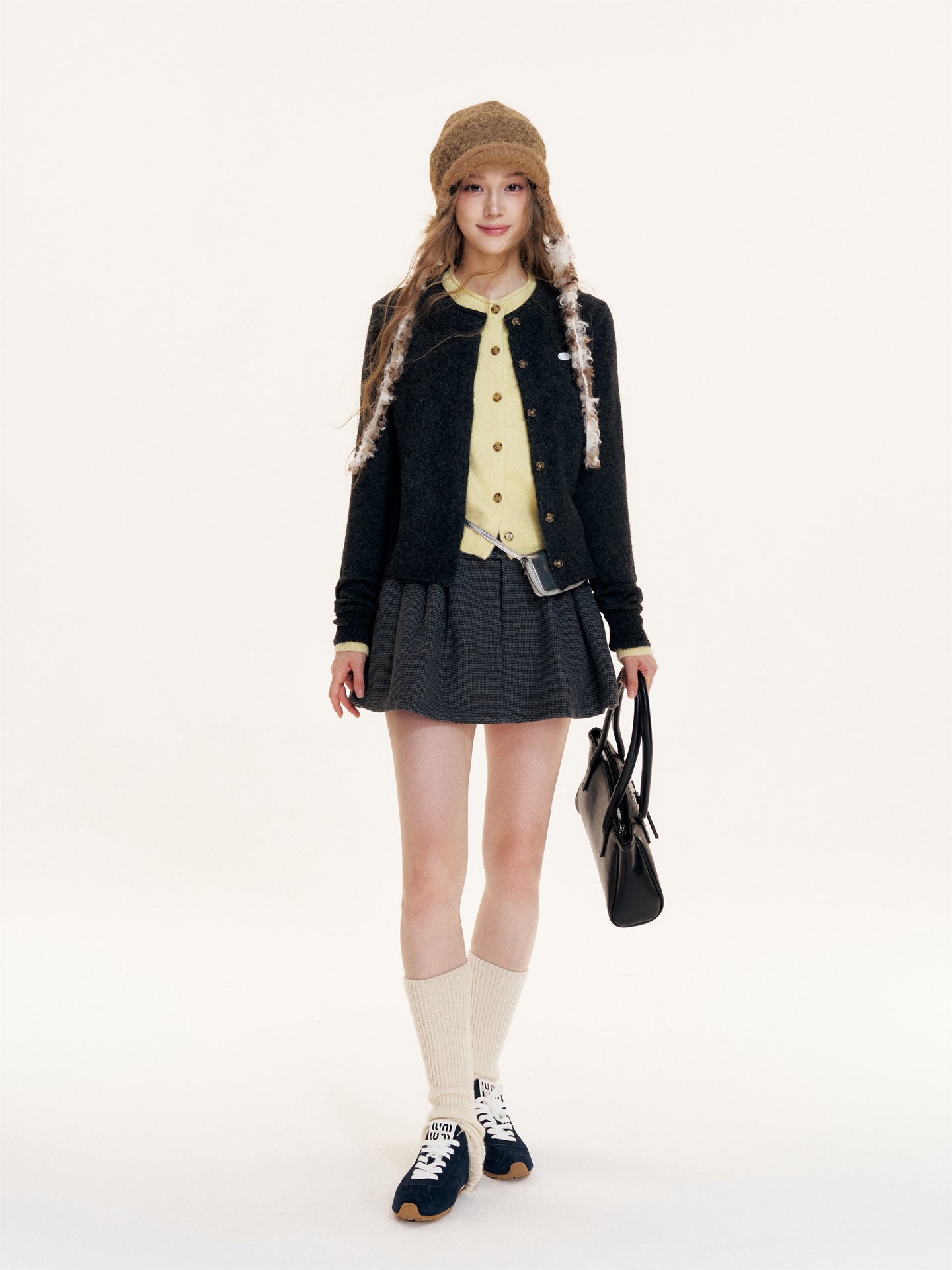 16DEWS 16D25417 Vintage plaid high waisted pleated A-line woolen skirt