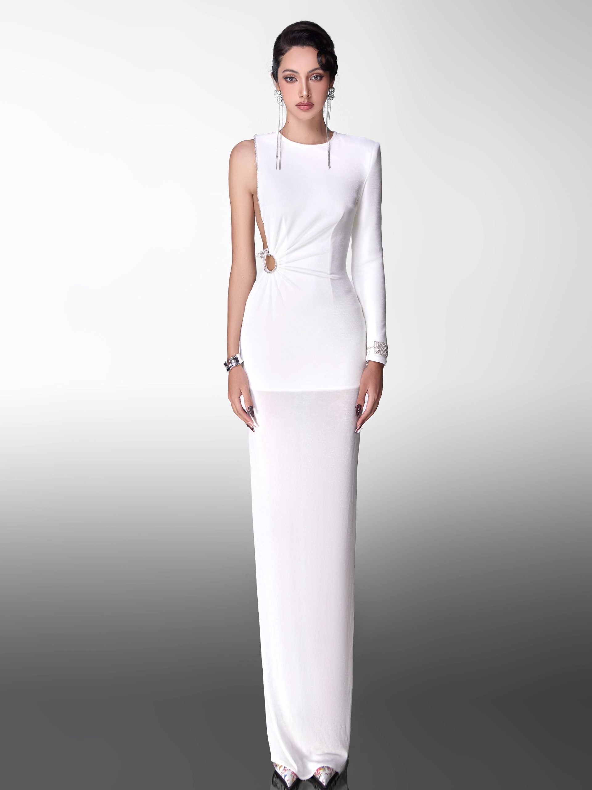 Glam Doll Long one-shoulder rhinestone dress(2 colors)