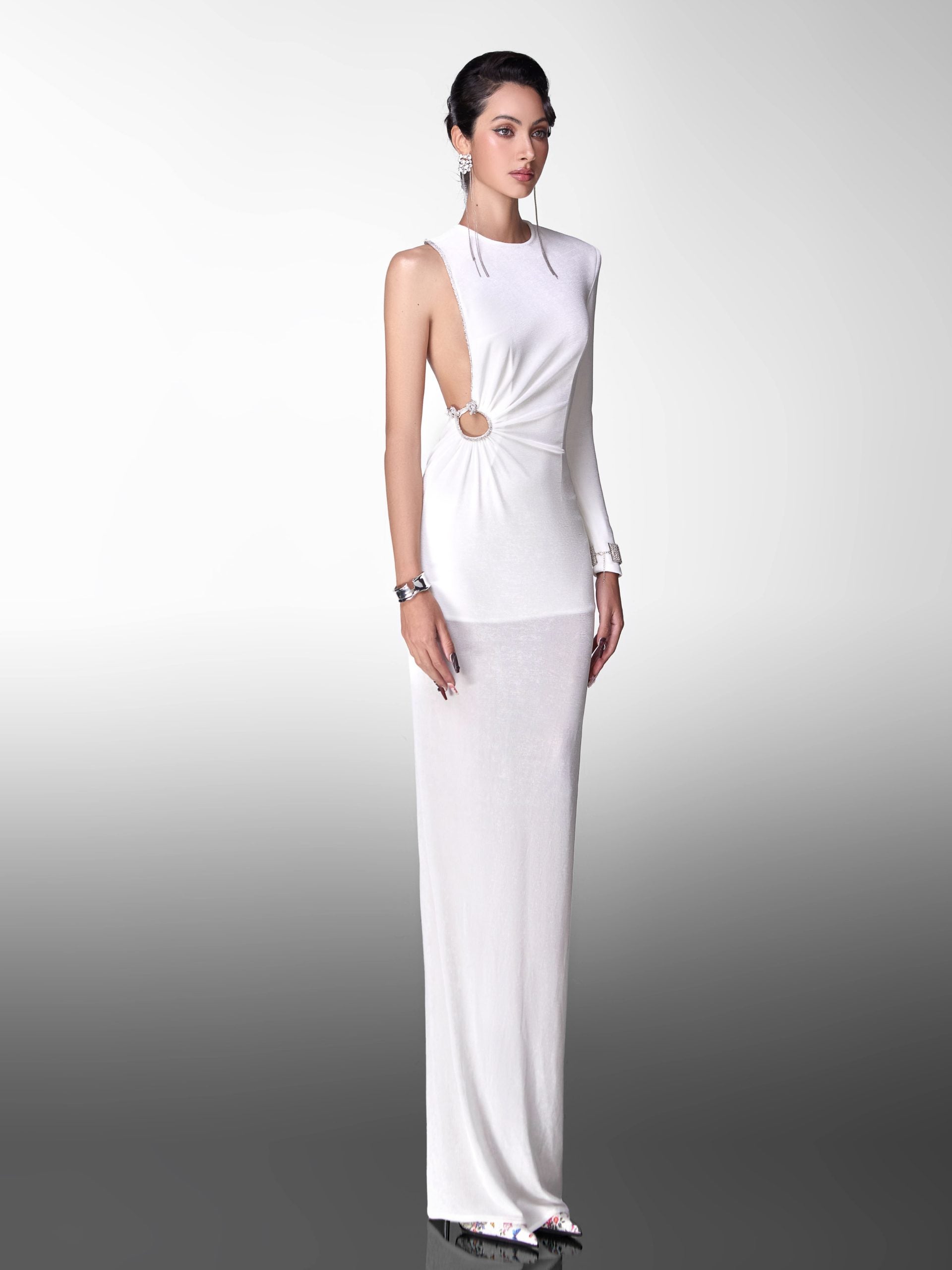 Glam Doll Long one-shoulder rhinestone dress(2 colors)