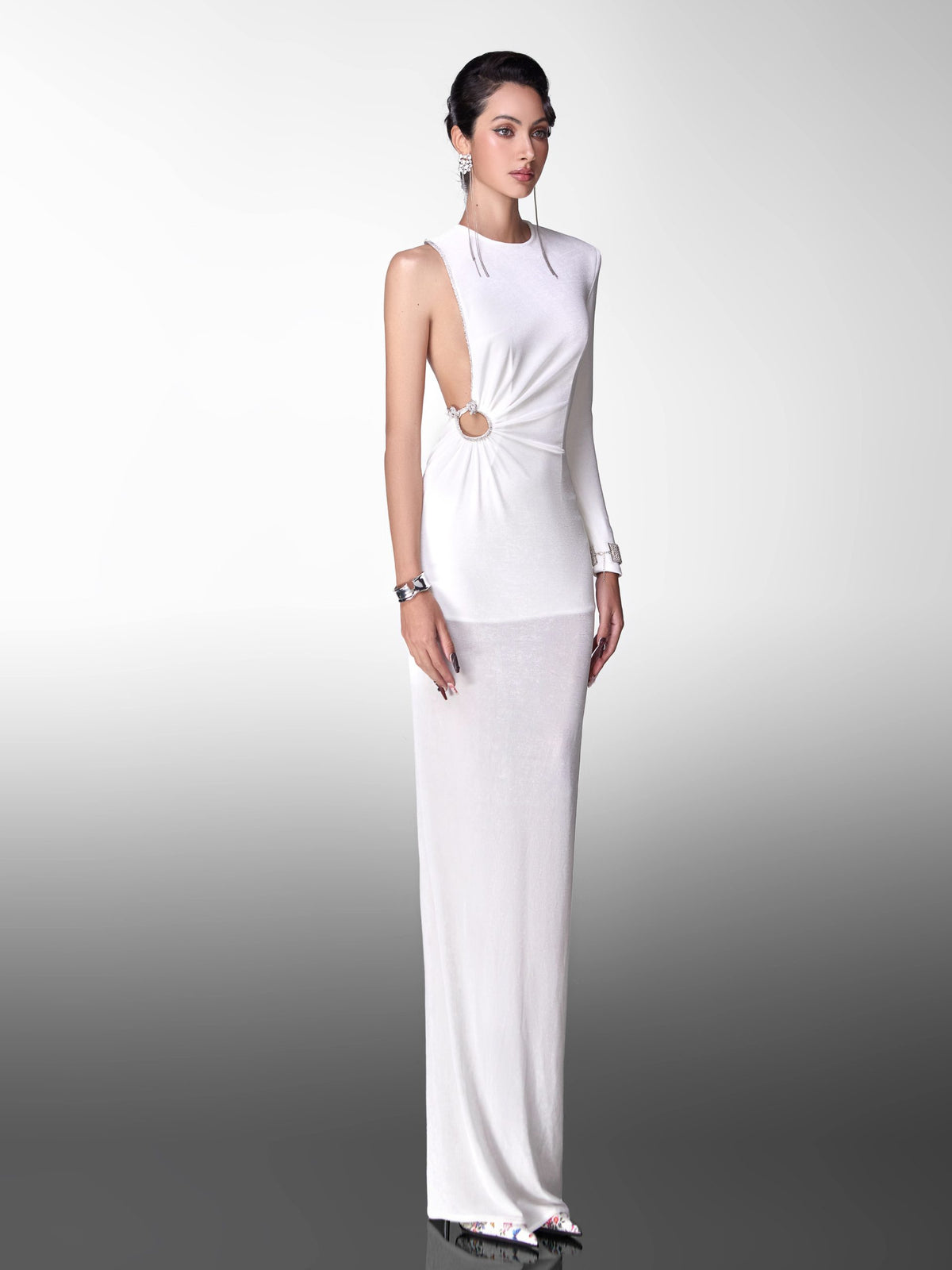 Glam Doll Long one-shoulder rhinestone dress(2 colors)