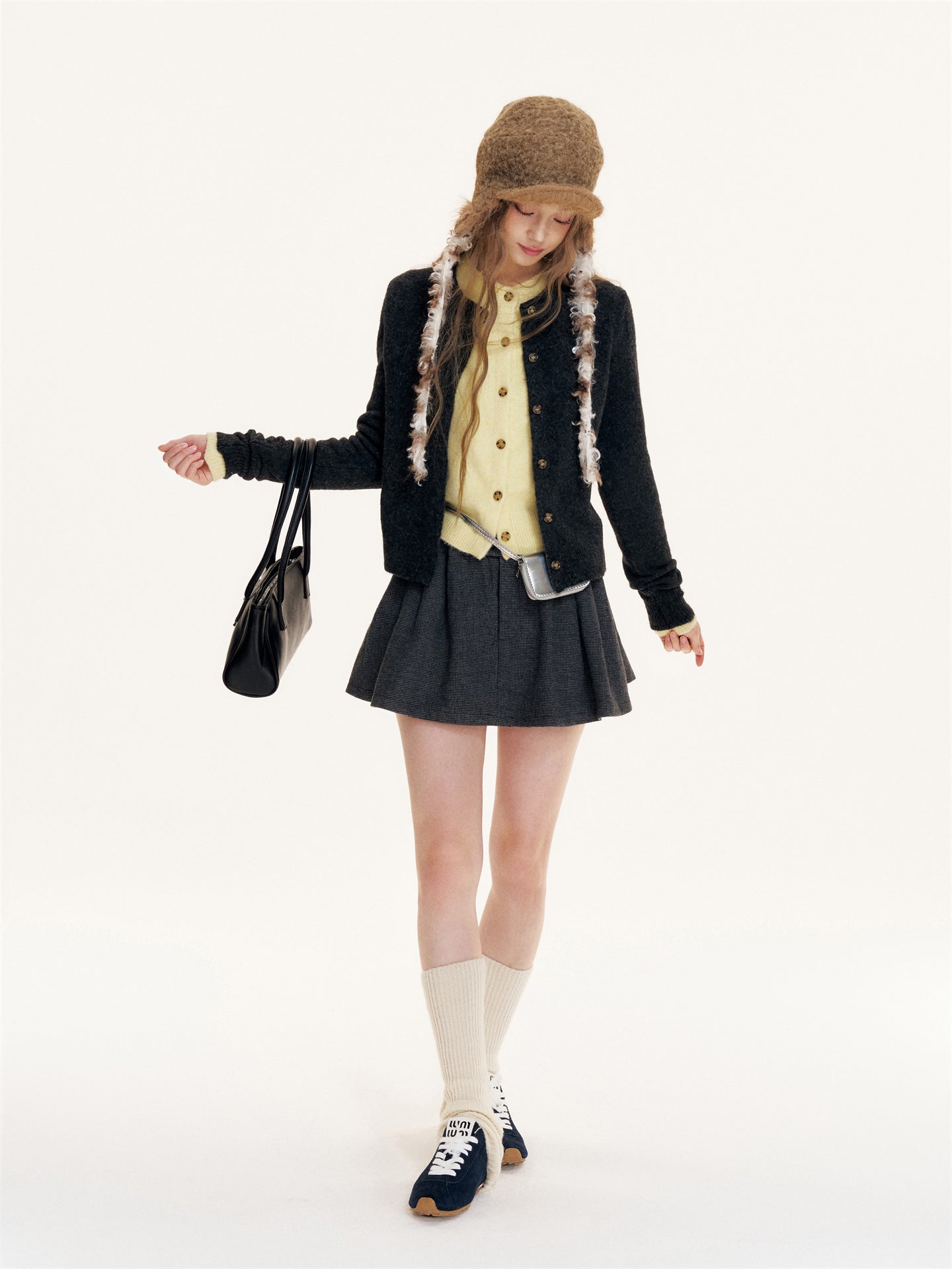 16DEWS 16D25417 Vintage plaid high waisted pleated A-line woolen skirt