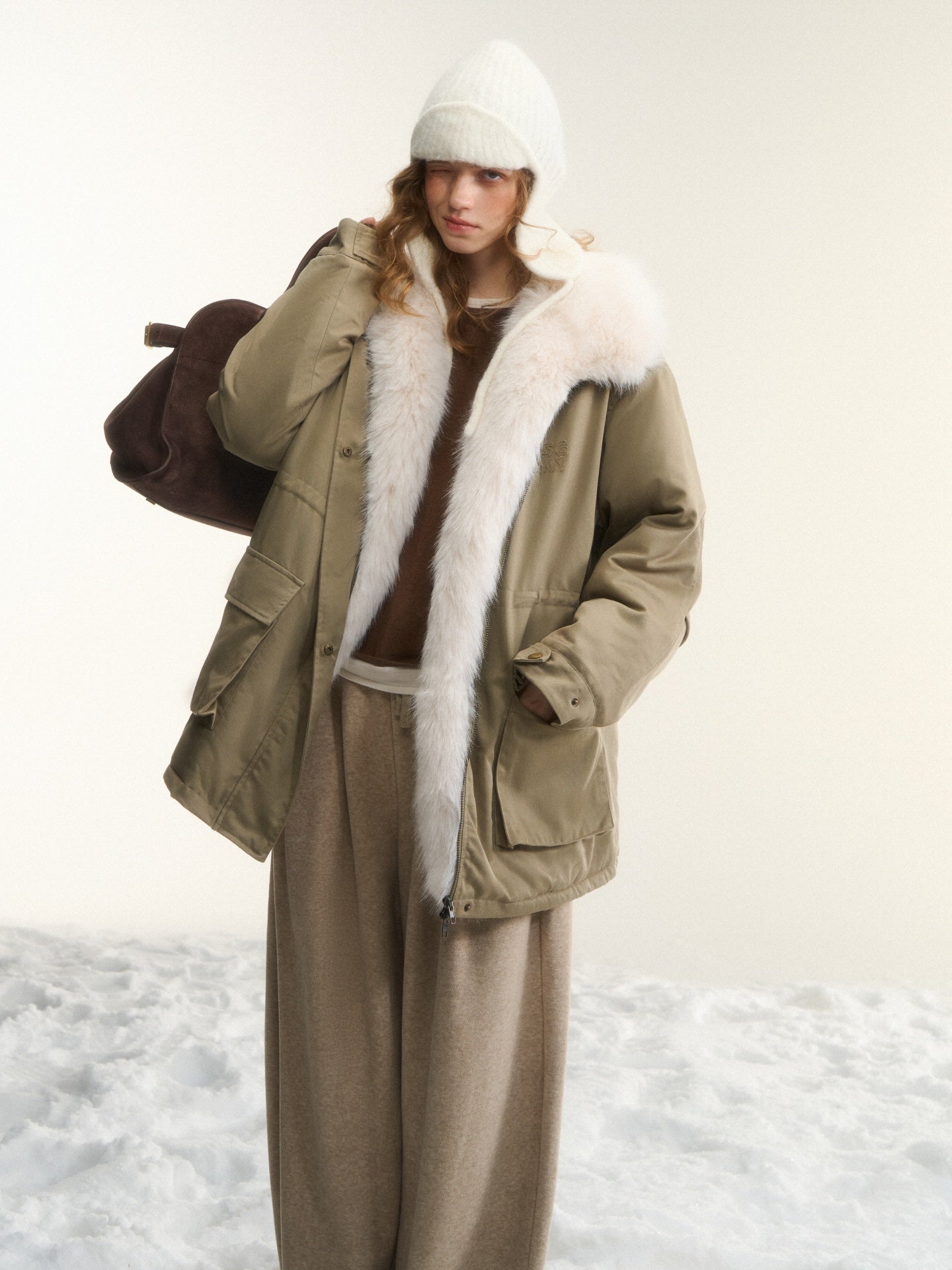 AsGony ASG25564 Detachable wool collar clip cotton Lyocell Parker jacket