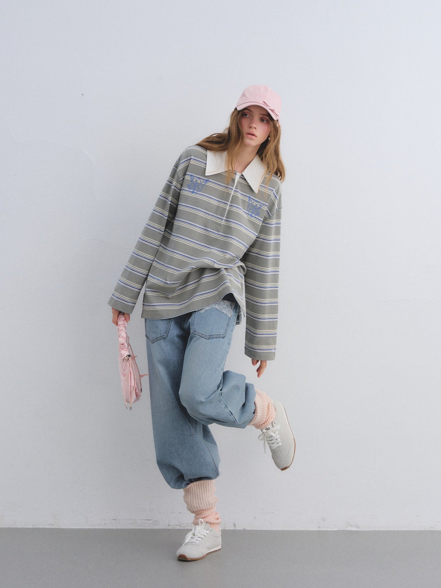 AsGony ASG25646 Collar patchwork striped embroidered long sleeved polo shirt