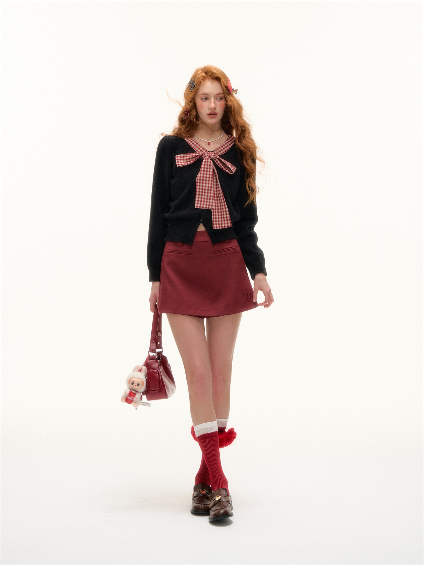 AsGony ASG25410 Plaid bow round neck knitted cardigan