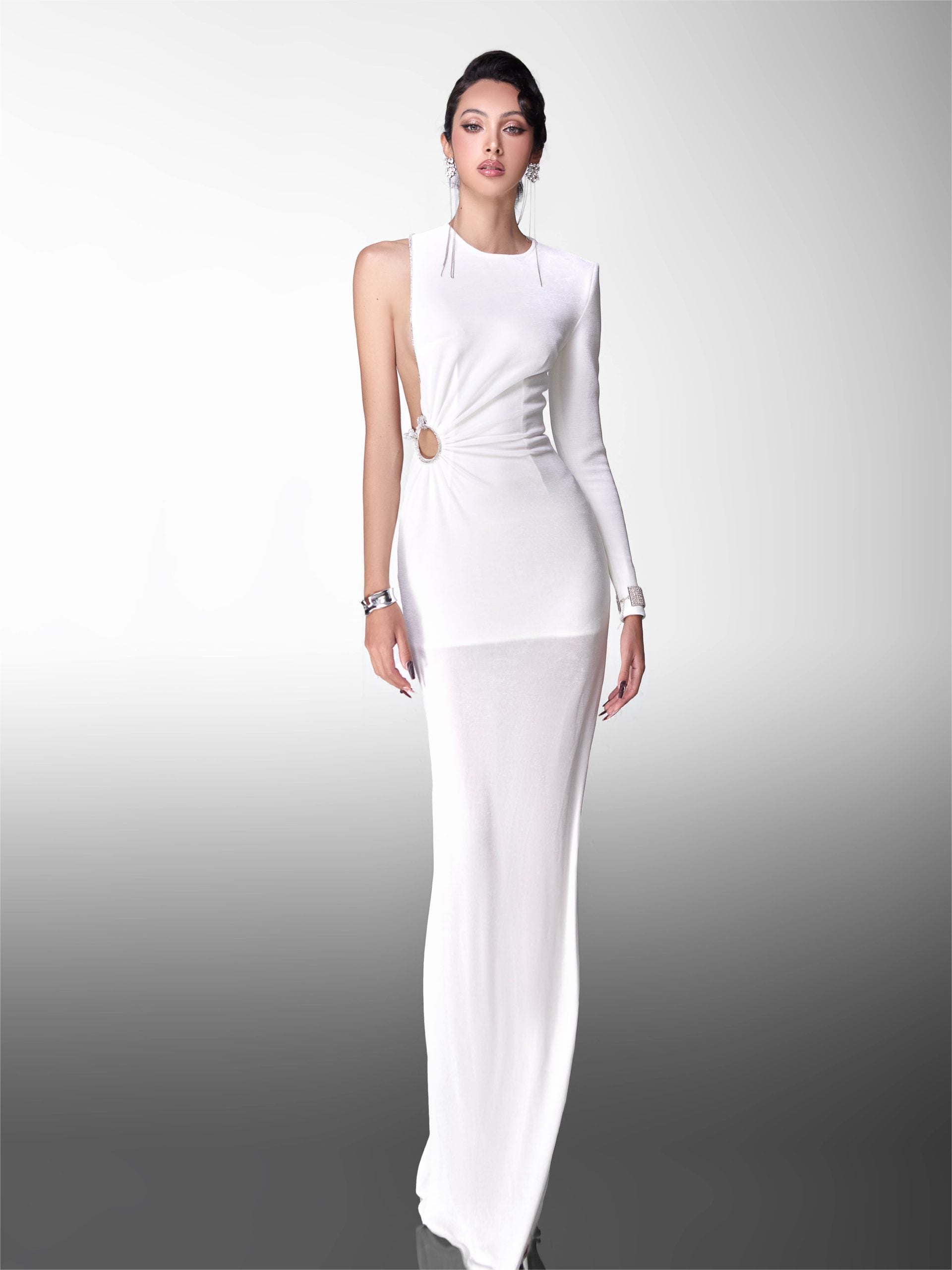 Glam Doll Long one-shoulder rhinestone dress(2 colors)