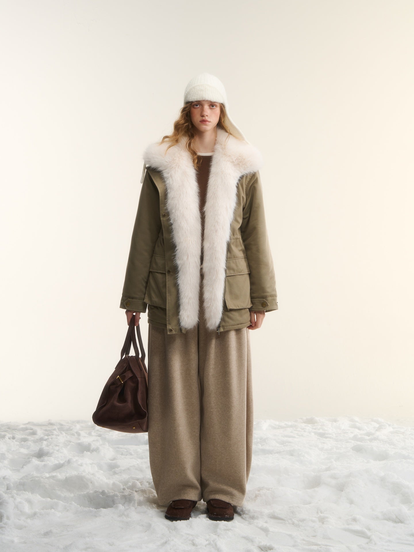 AsGony ASG25564 Detachable wool collar clip cotton Lyocell Parker jacket