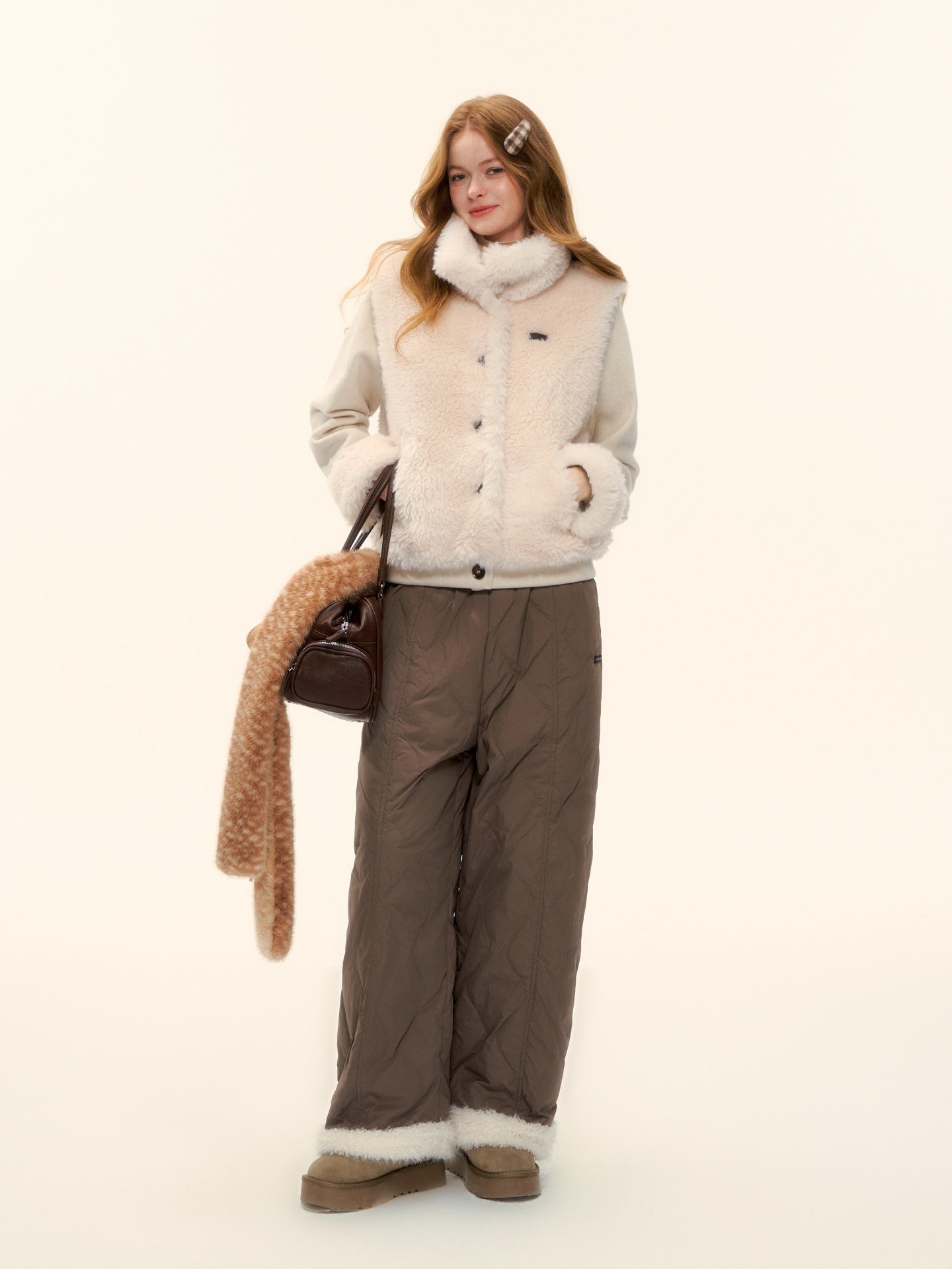 AsGony ASG25587 Environmentally friendly fur knitted stand up collar spliced jacket