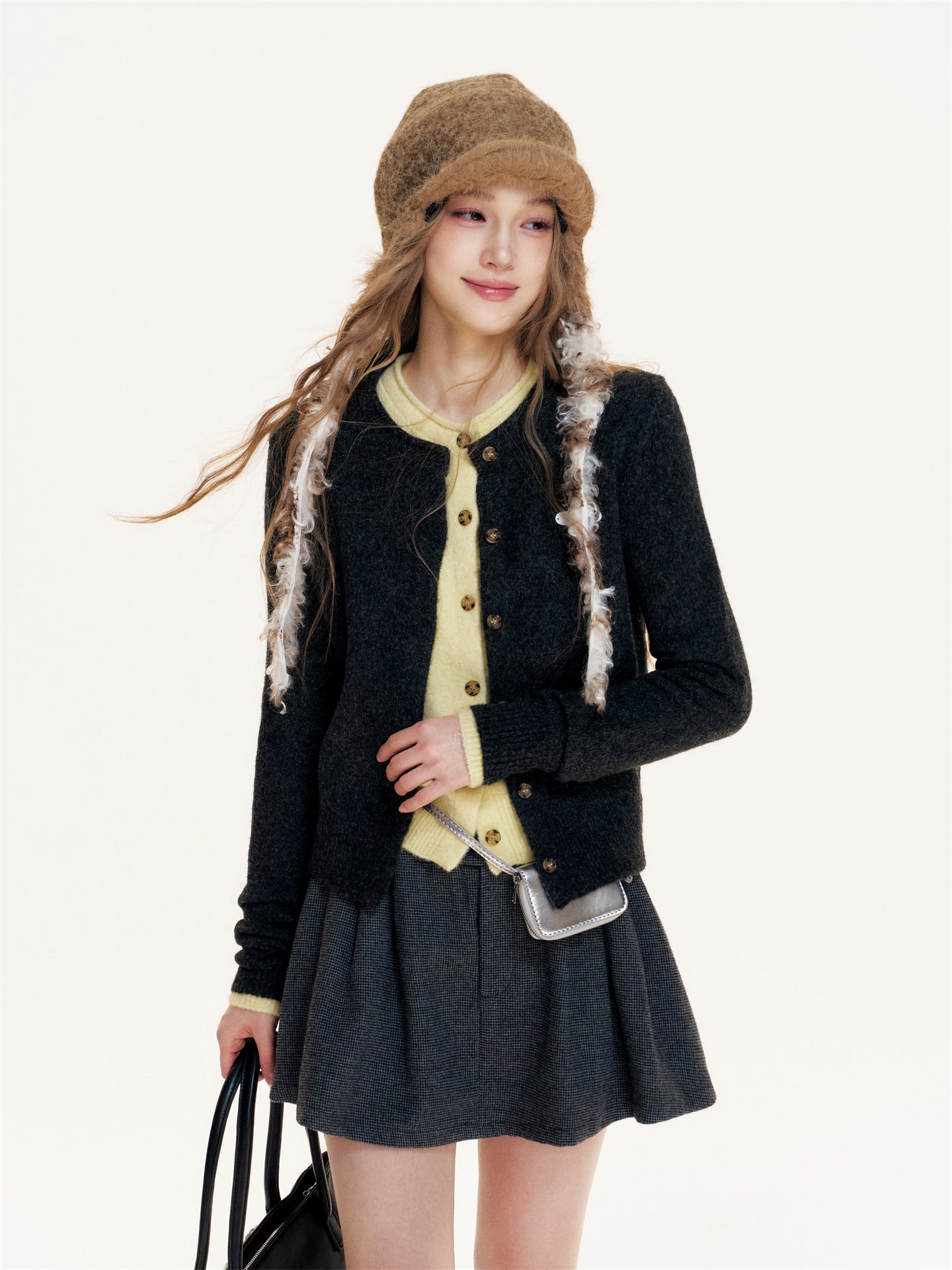 16DEWS 16D25417 Vintage plaid high waisted pleated A-line woolen skirt