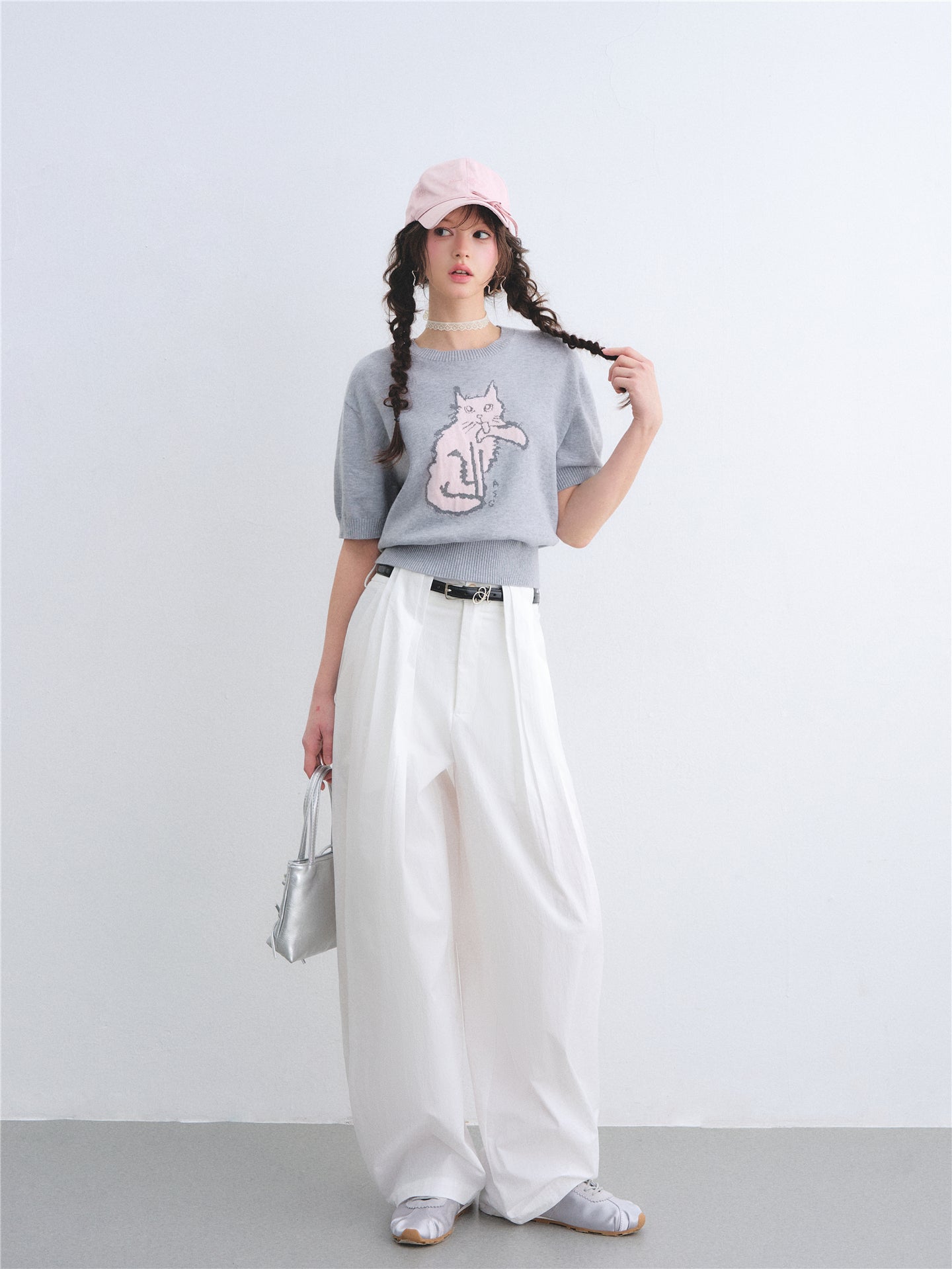 AsGony ASG26005 Round-neck jacquard cat print short-sleeved knit pullover