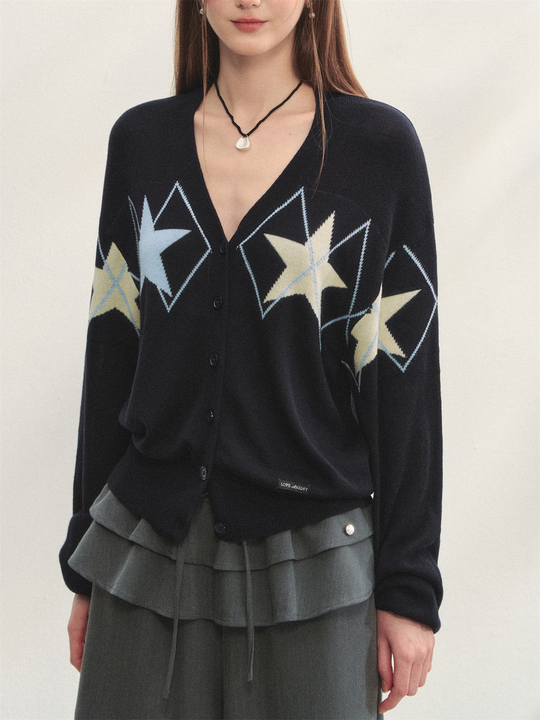 AsGony ASG25292 Star diamond grid jacquard knitted cardigan