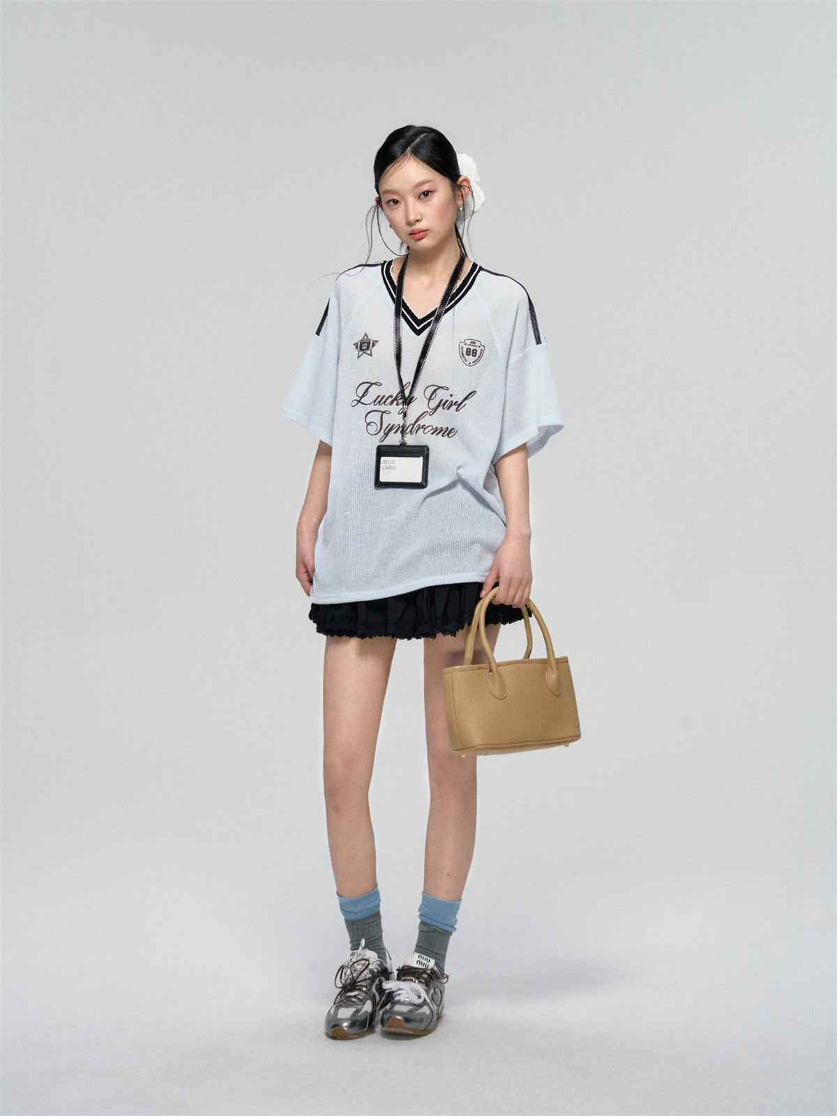 AsGony ASG25080 Jersey style contrasting ribbon T-shirt (2color)