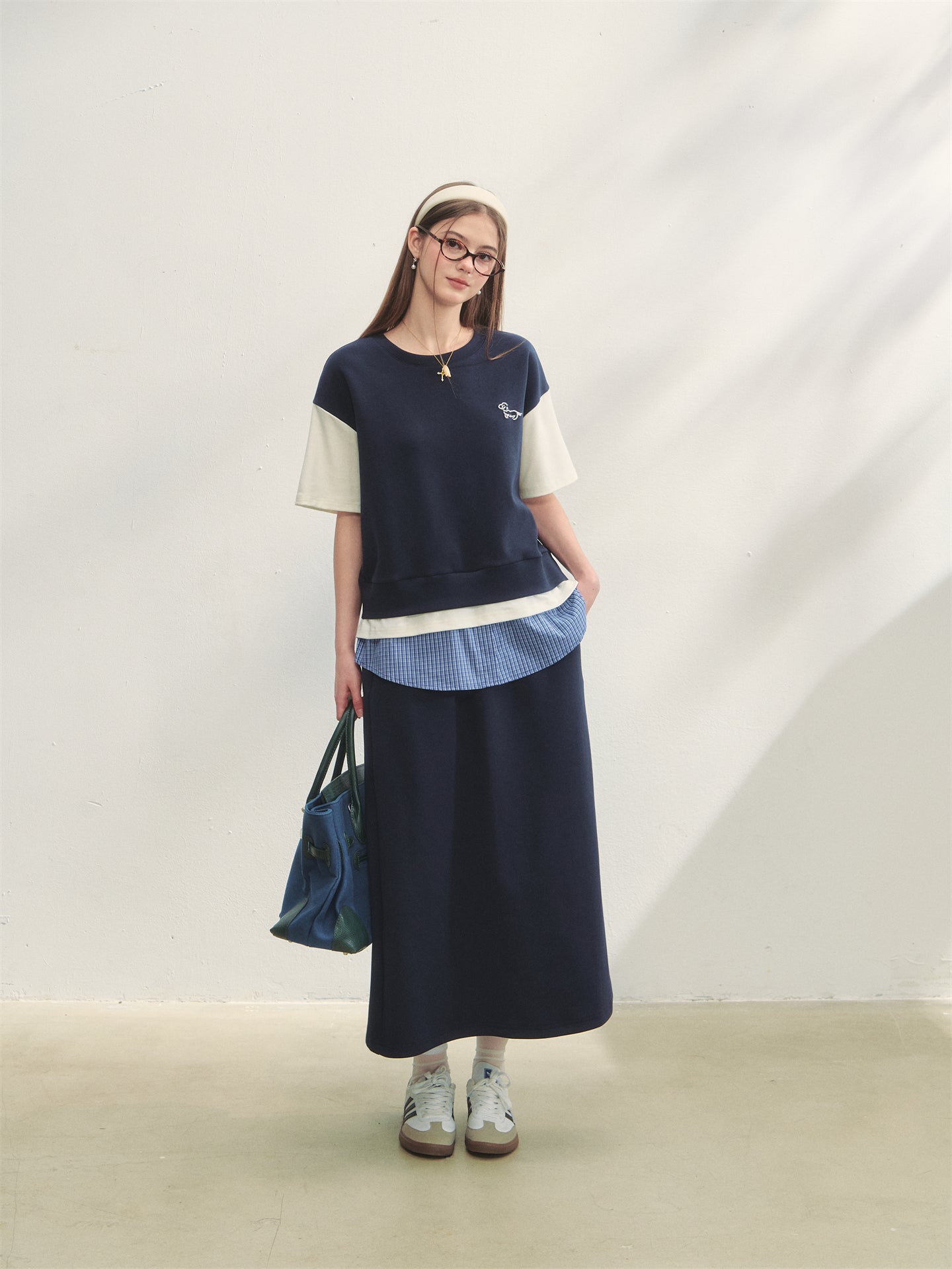 AsGony ASG25267 Plaid patchwork short sleeved top + skirt set (2color)