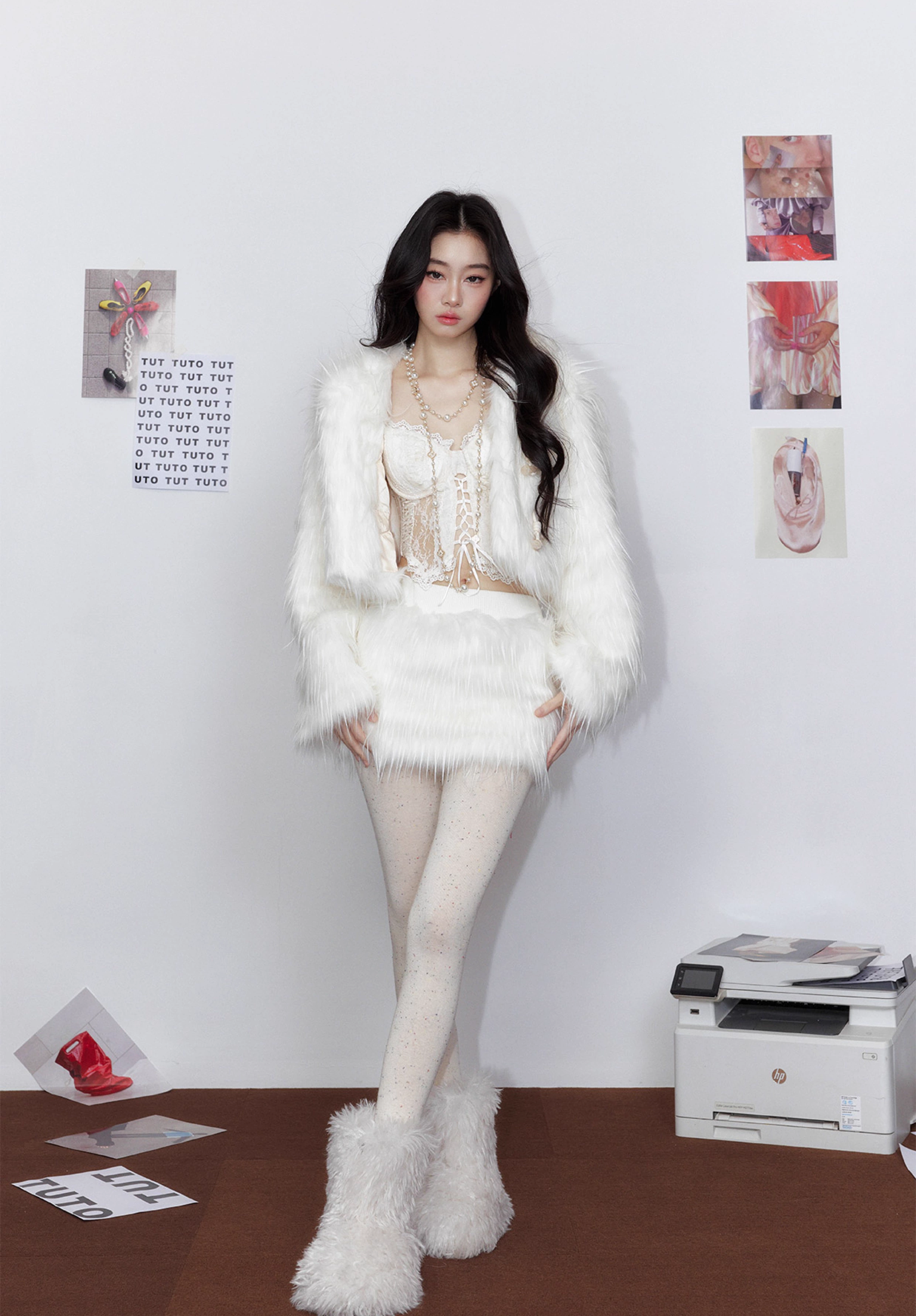 Tut tuto Cloud Bear hooded fur coat + skirt set