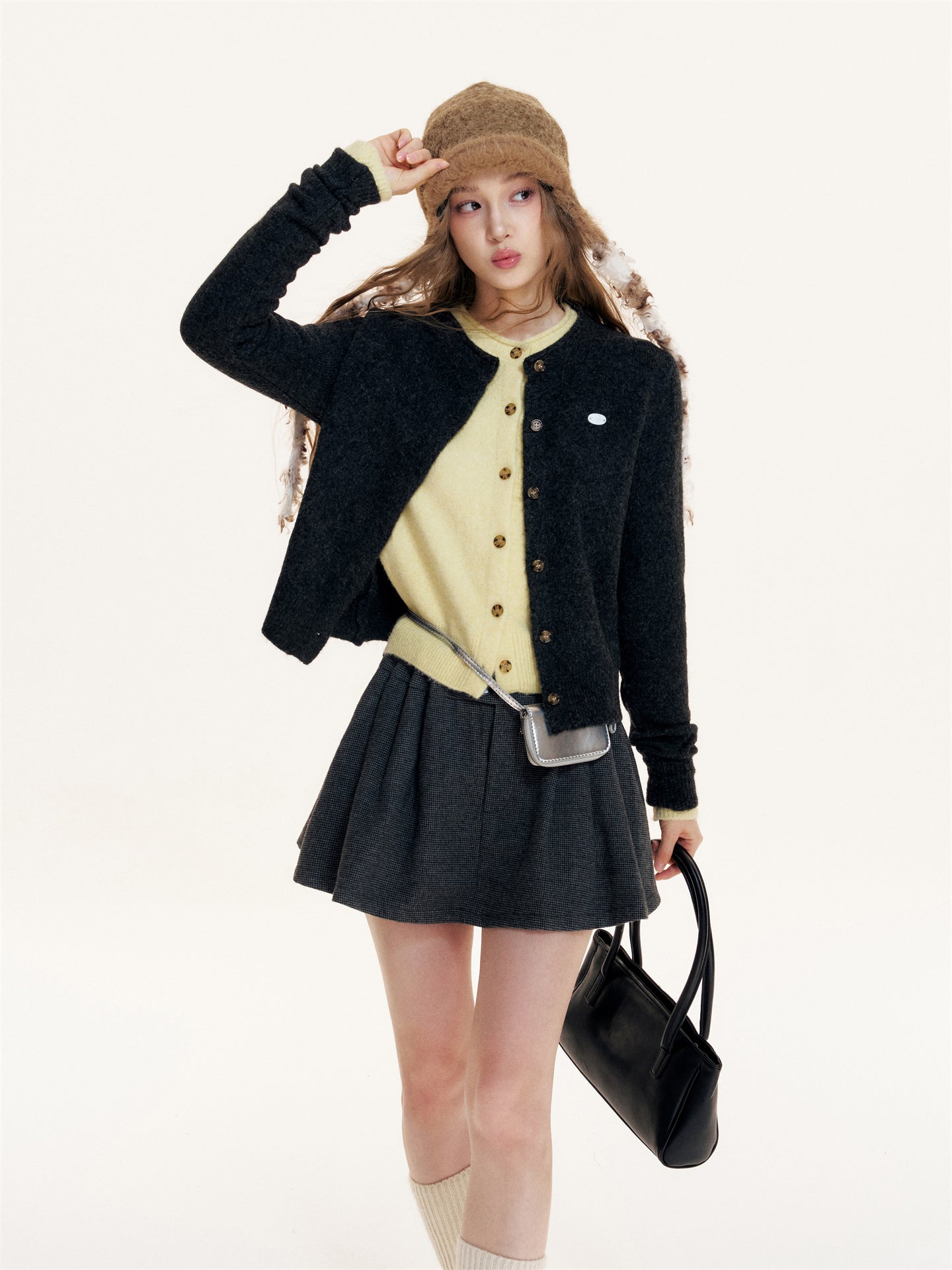 16DEWS 16D25417 Vintage plaid high waisted pleated A-line woolen skirt