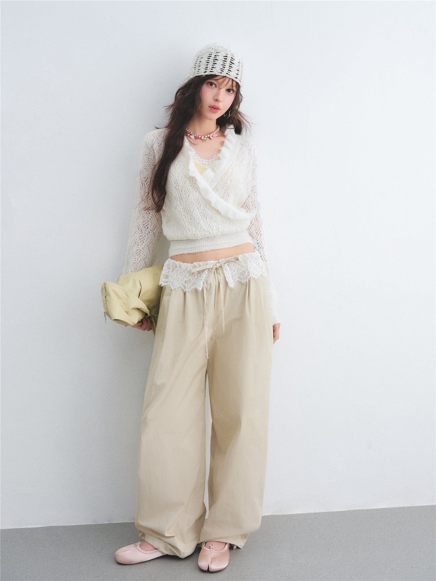 AsGony ASG26007 Wool cross ruffled mohair hollow pullover sweater