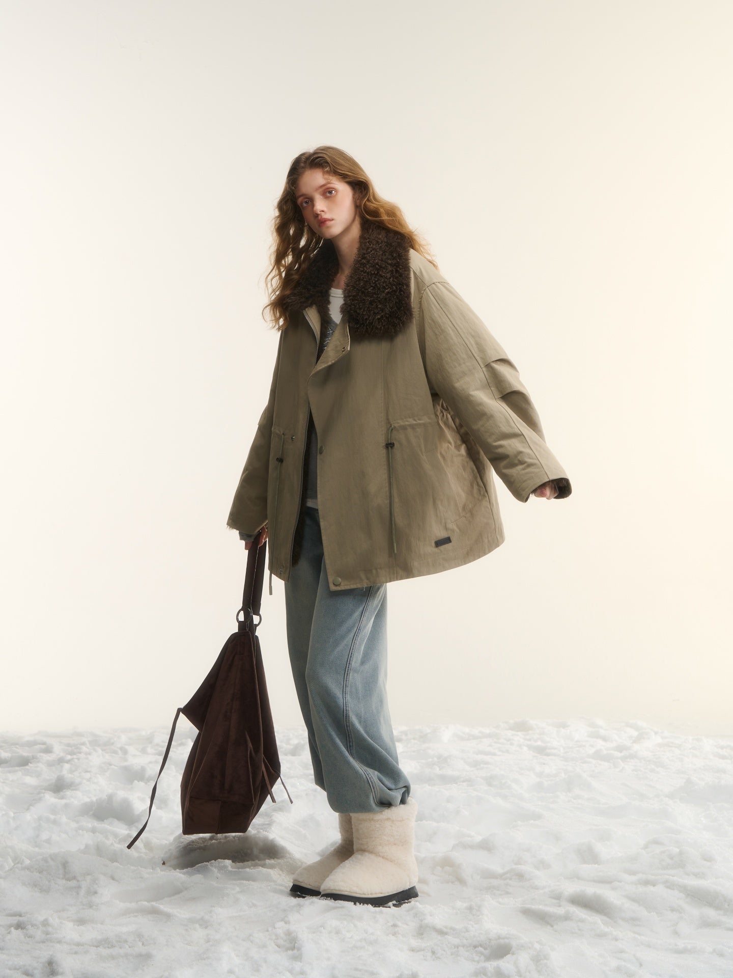 AsGony ASG25568 Sleeves pleated large lapel drawstring loose parka jacket