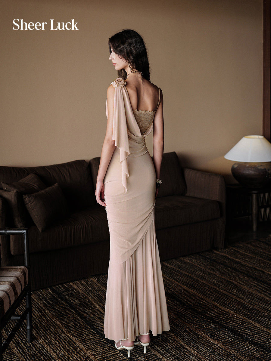 SHEERLUCK SLTZ26520 Mesh draped patchwork lace top + skirt